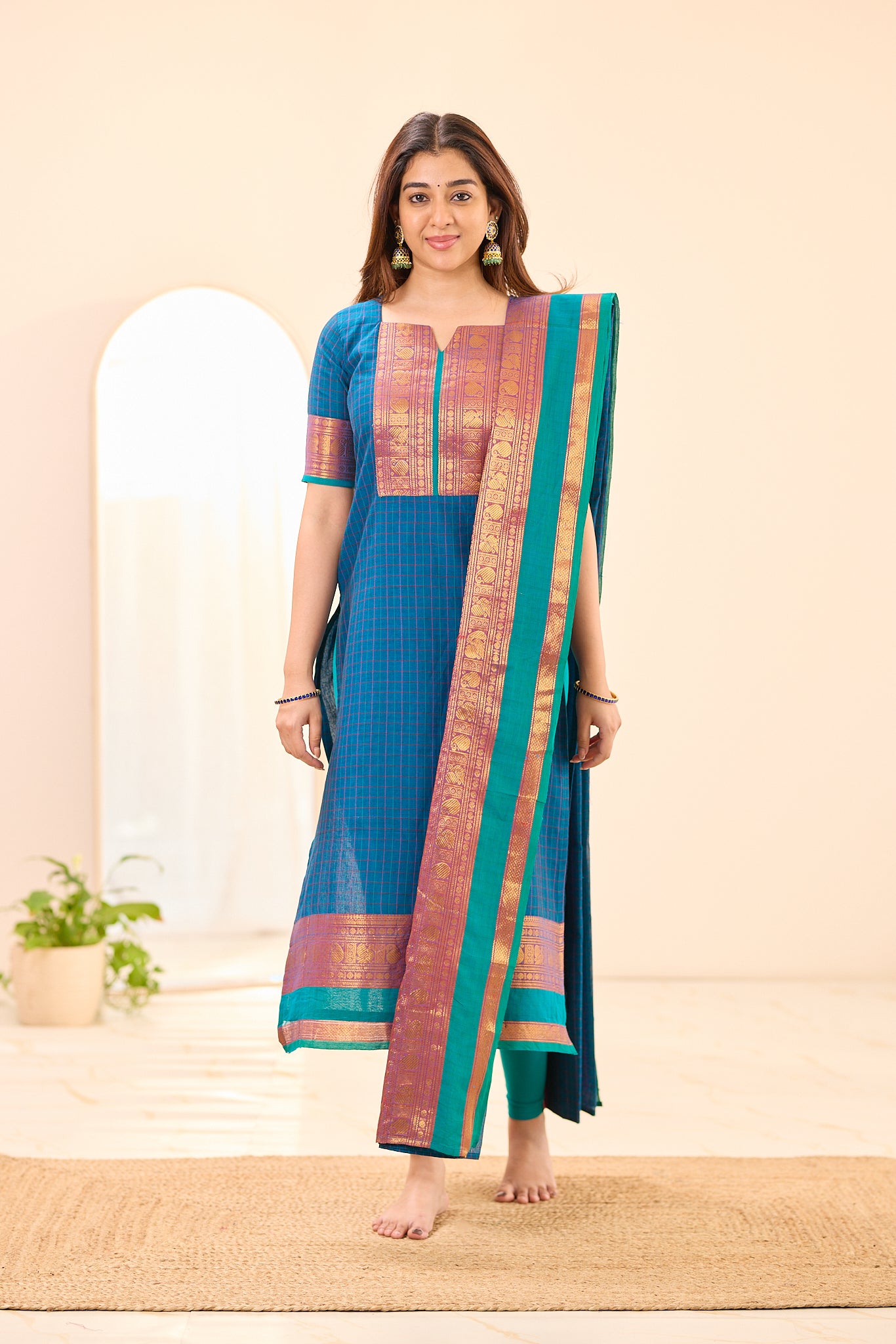 Peacock Blue Checks with Teal Green Border Chettinad Cotton Top and Dupatta