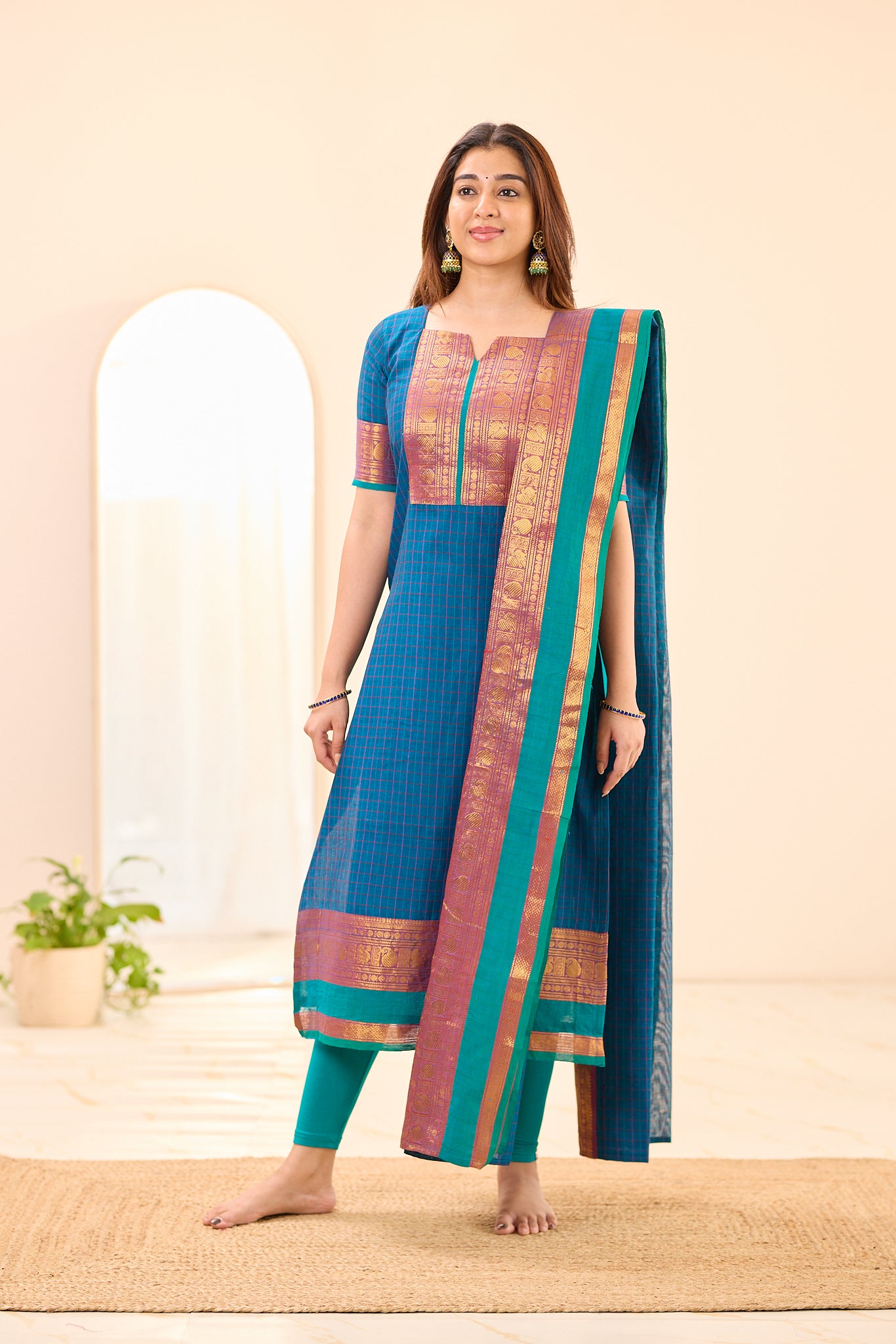Peacock Blue Checks with Teal Green Border Chettinad Cotton Top and Dupatta