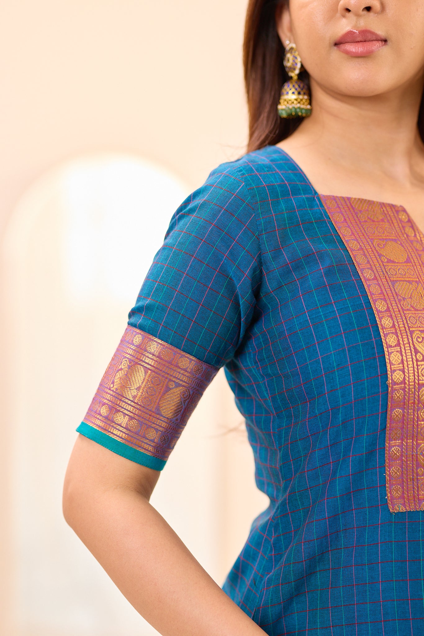 Peacock Blue Checks with Teal Green Border Chettinad Cotton Top and Dupatta