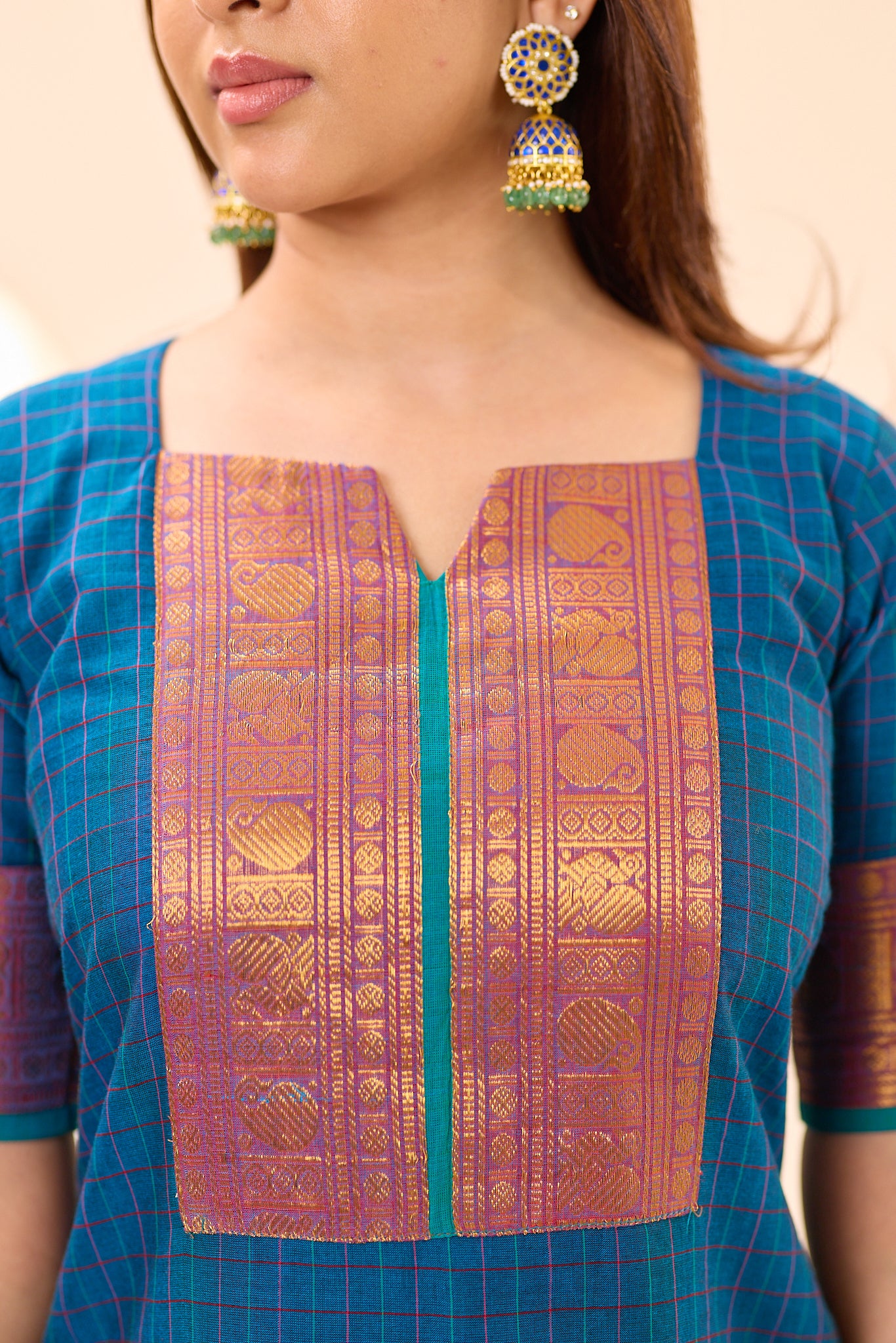Peacock Blue Checks with Teal Green Border Chettinad Cotton Top and Dupatta