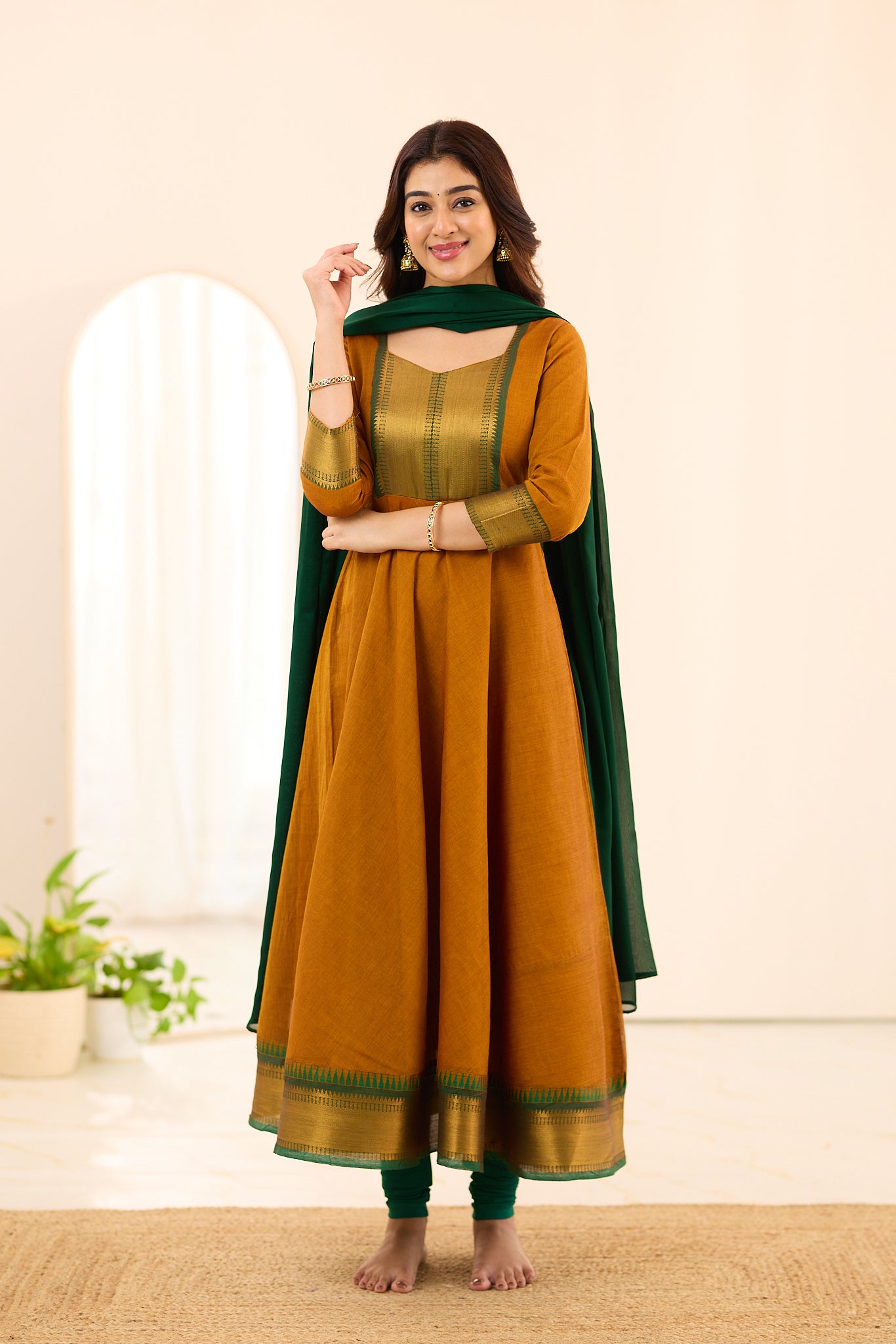 Mustard Yellow with Dark Green Border Chettinad Cotton Anarkali