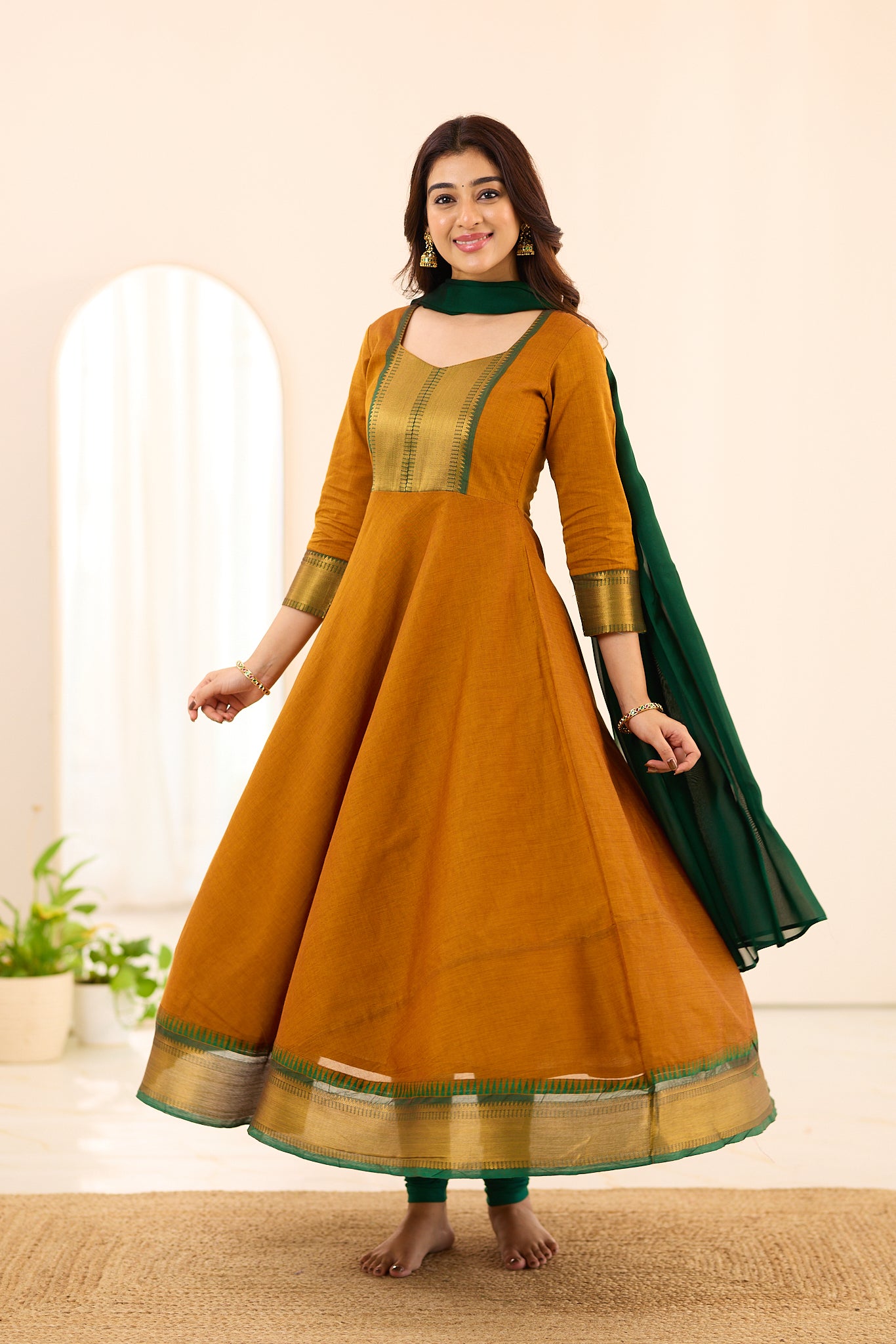 Mustard Yellow with Dark Green Border Chettinad Cotton Anarkali
