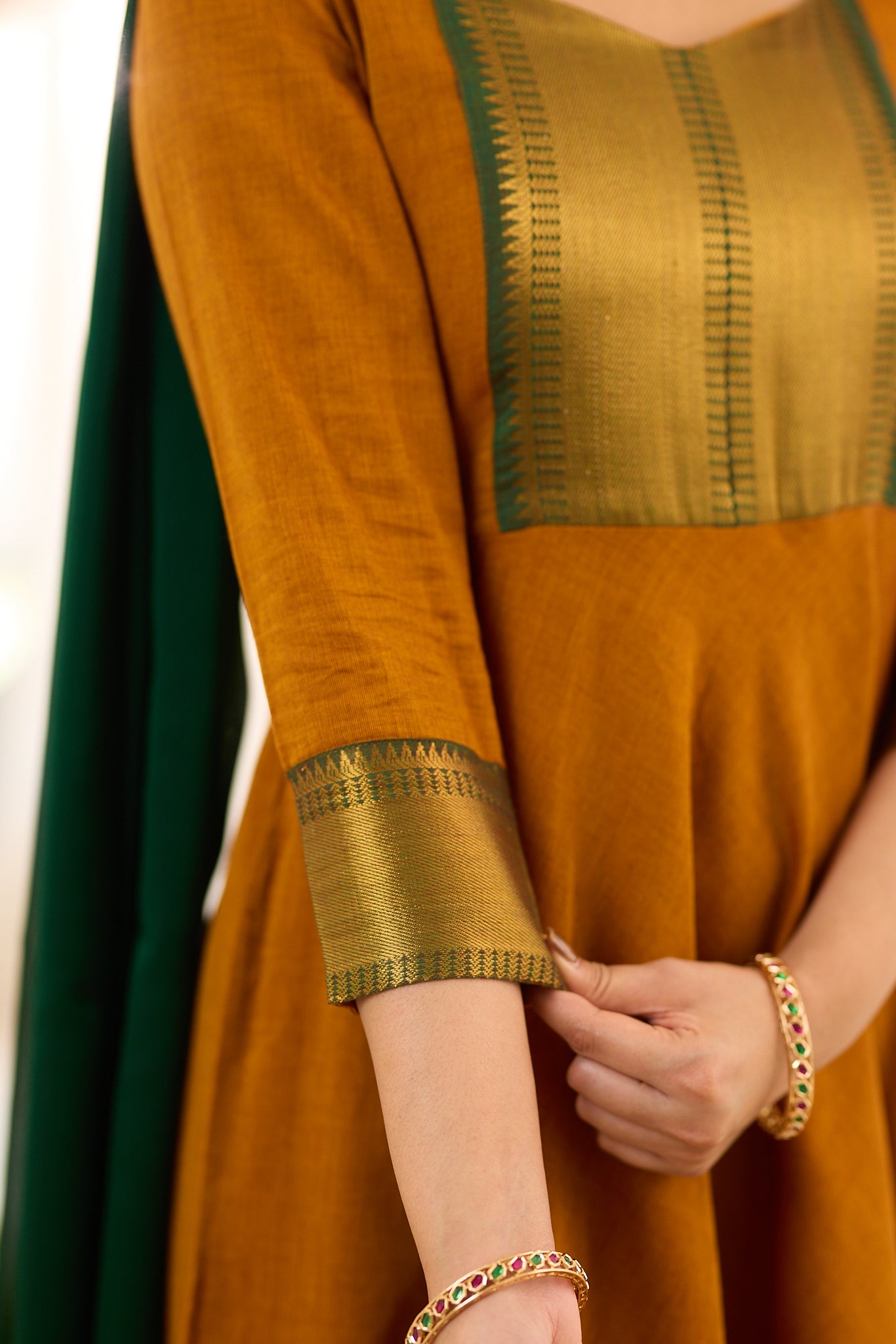 Mustard Yellow with Dark Green Border Chettinad Cotton Anarkali