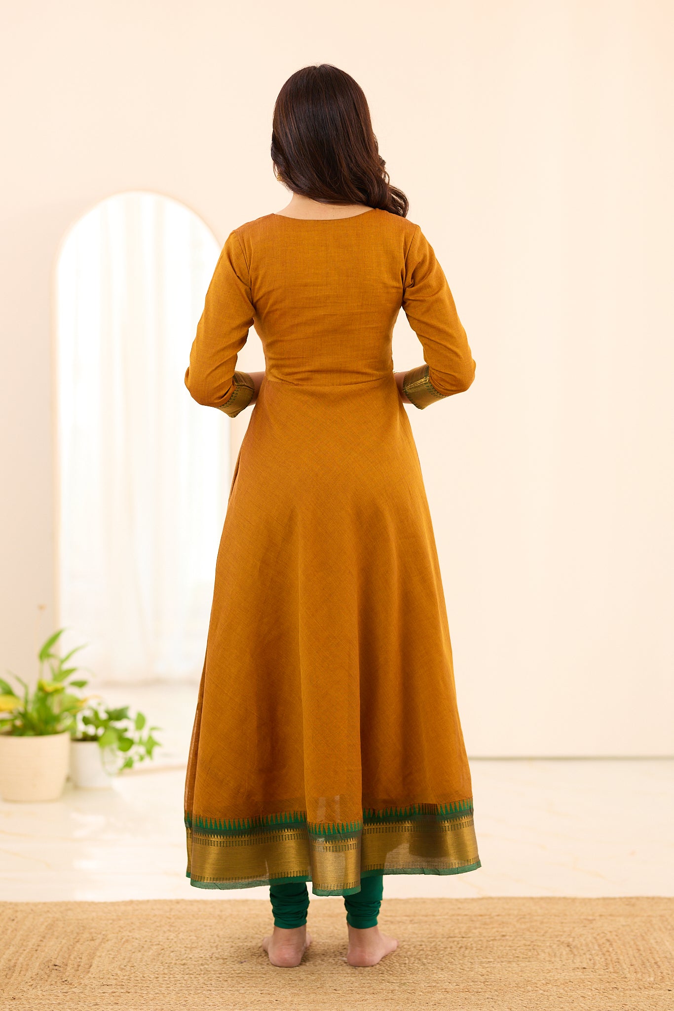 Mustard Yellow with Dark Green Border Chettinad Cotton Anarkali