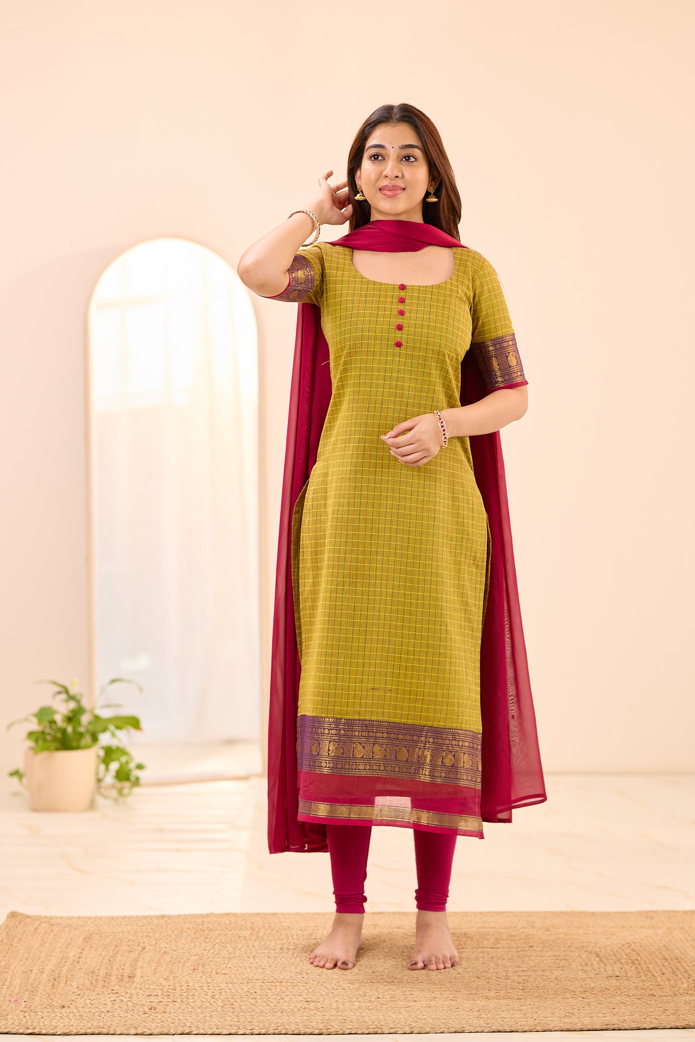 Olive Green Checks with Pink Zari Border Chettinad Cotton Top and Dupatta