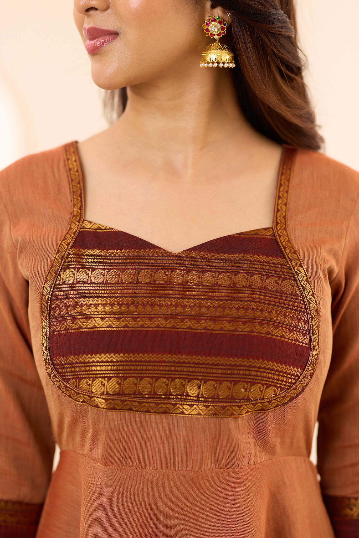 Rust Brown with Maroon & Antique Gold Border Chettinad Cotton Anarkali