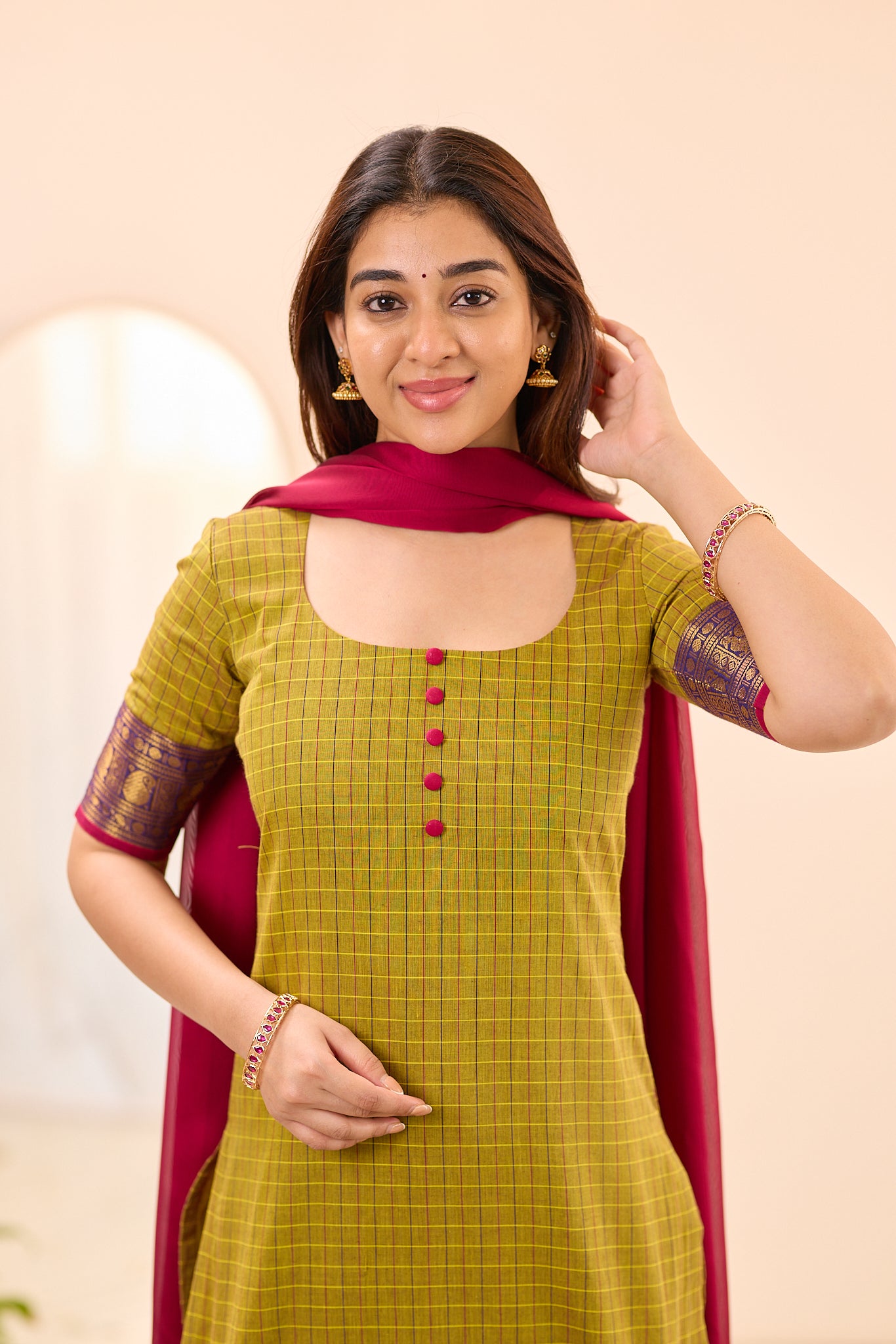 Olive Green Checks with Pink Zari Border Chettinad Cotton Top and Dupatta