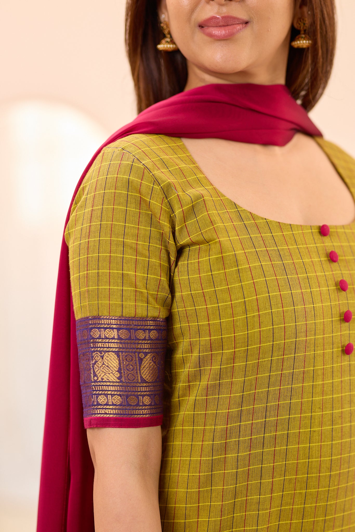 Olive Green Checks with Pink Zari Border Chettinad Cotton Top and Dupatta
