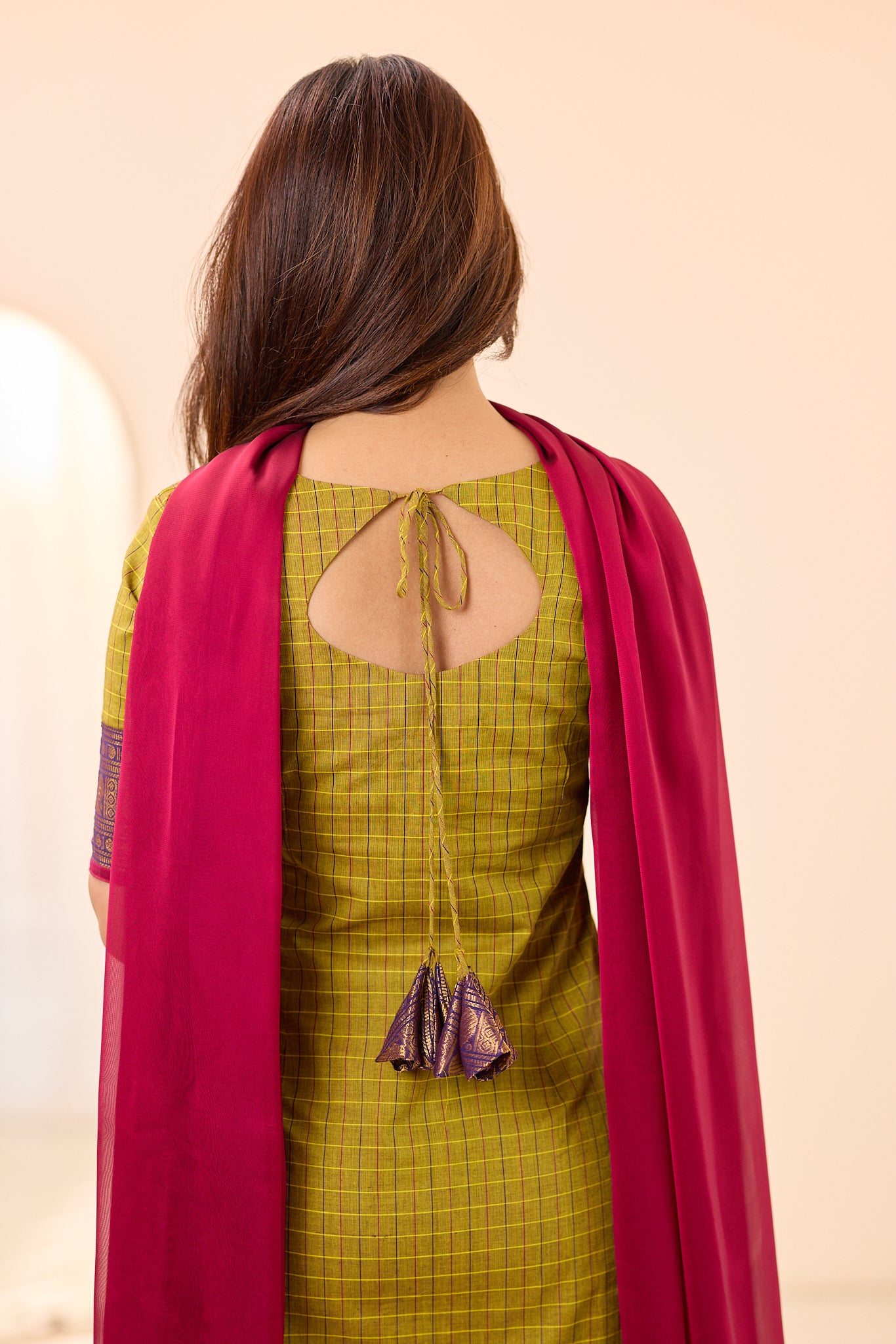 Olive Green Checks with Pink Zari Border Chettinad Cotton Top and Dupatta