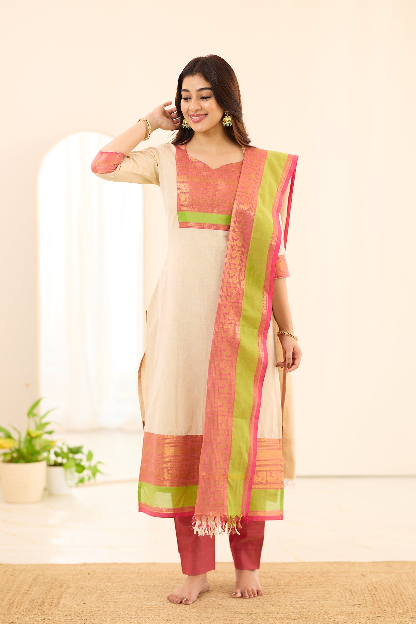 Ivory Coral Bloom Chettinad Cotton Salwar