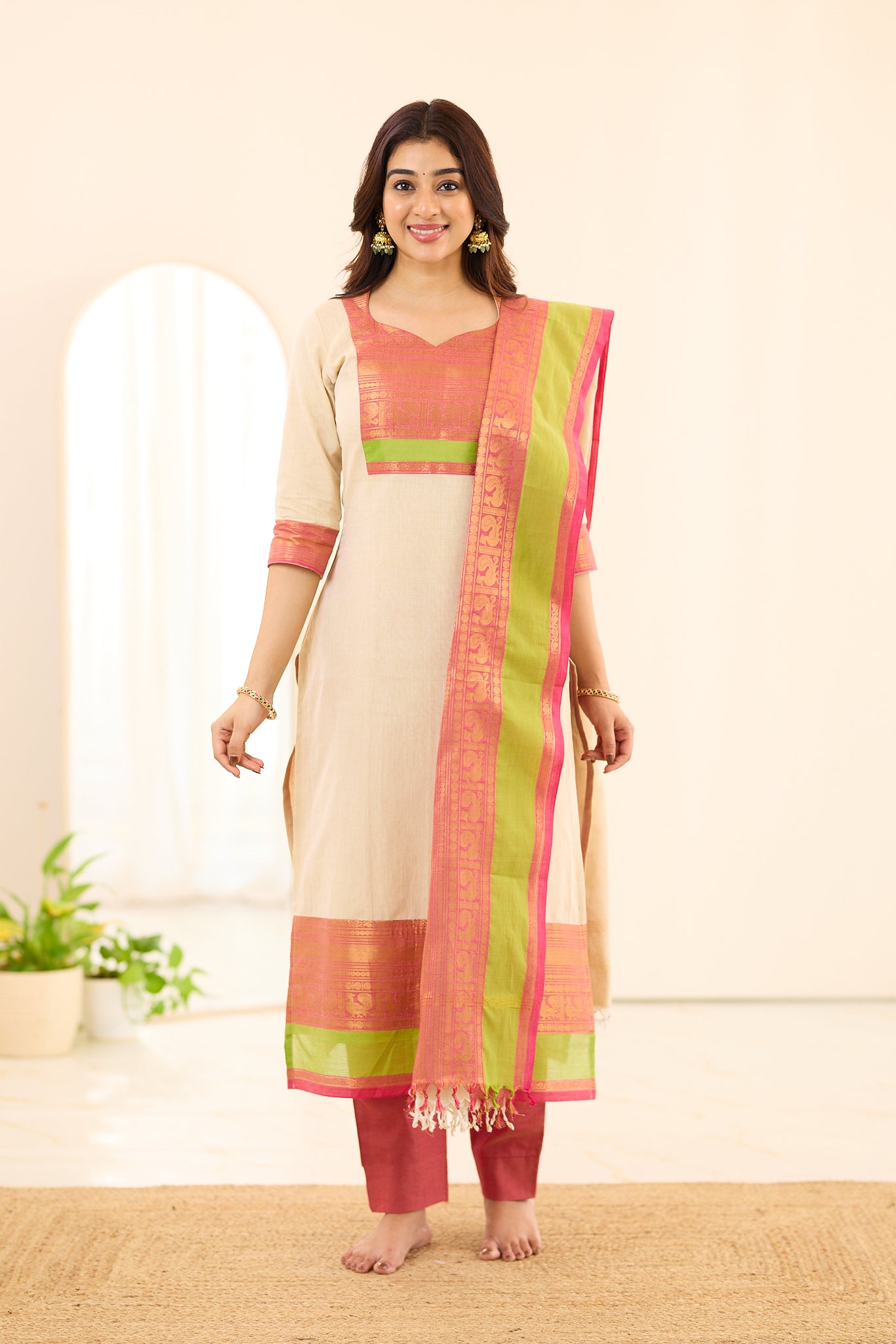 Ivory Coral Bloom Chettinad Cotton Salwar
