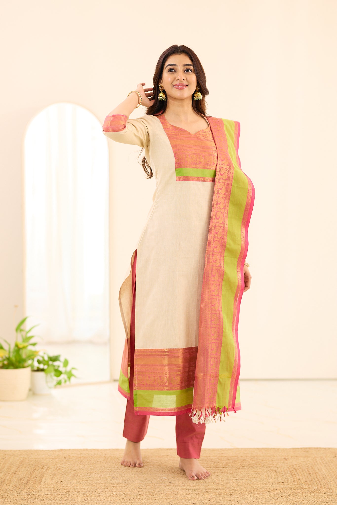 Ivory Coral Bloom Chettinad Cotton Salwar