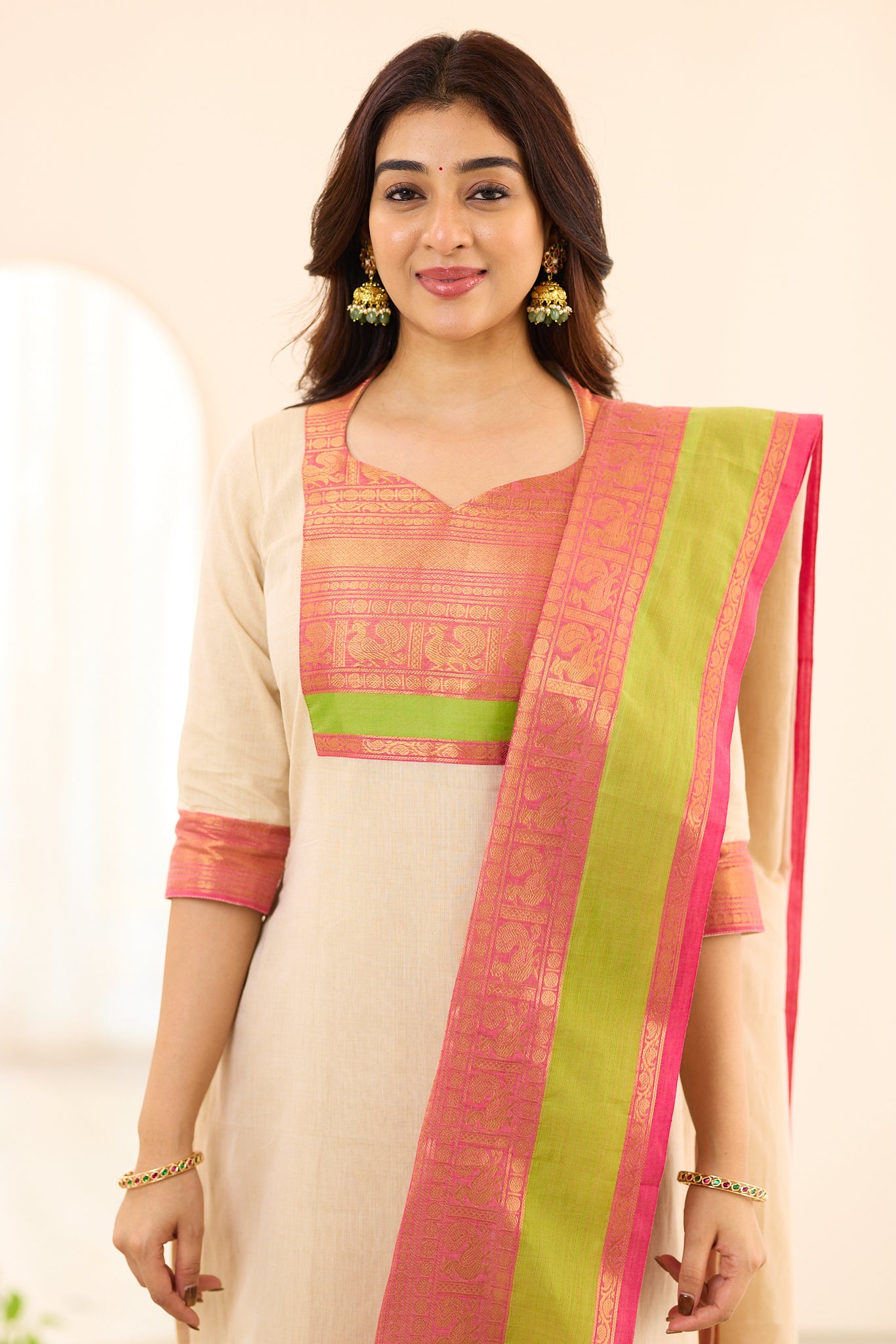 Ivory Coral Bloom Chettinad Cotton Salwar