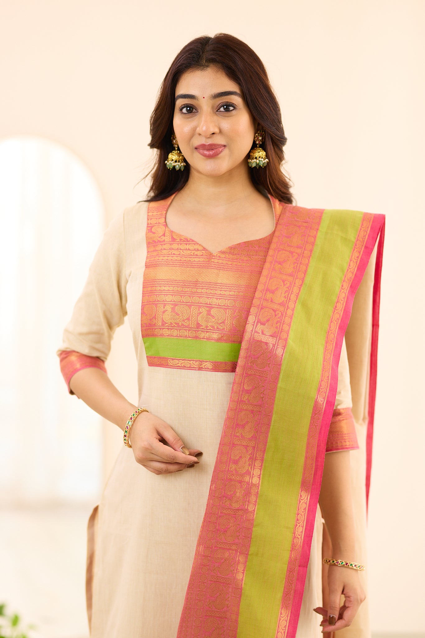 Ivory Coral Bloom Chettinad Cotton Salwar