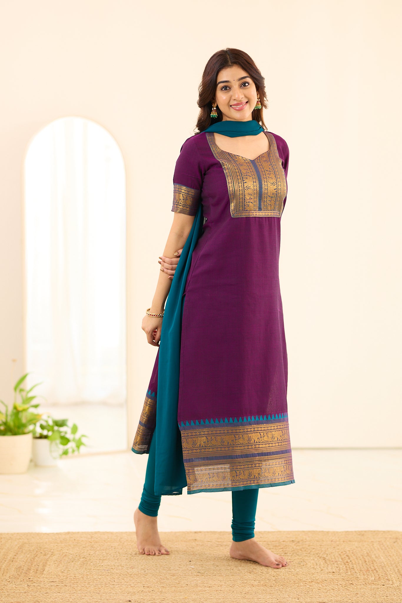 Dark Plum with Teal Green Border Chettinad Cotton Salwar