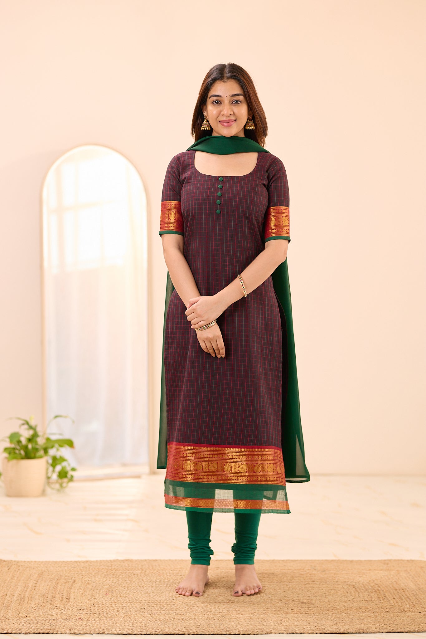 Dark Coffee Brown Checks with Rust Orange Zari Border Chettinad Top and Dupatta