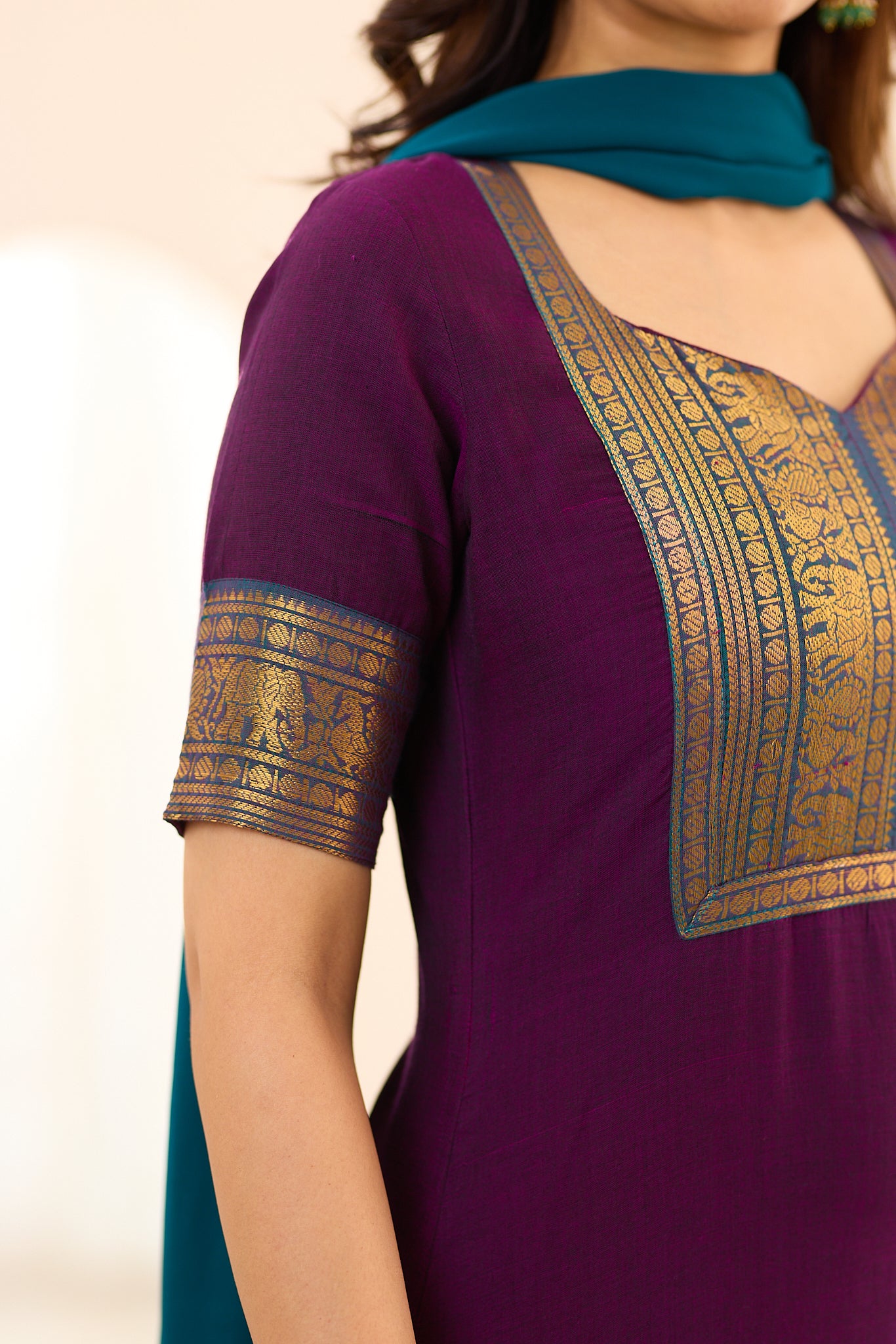 Dark Plum with Teal Green Border Chettinad Cotton Salwar