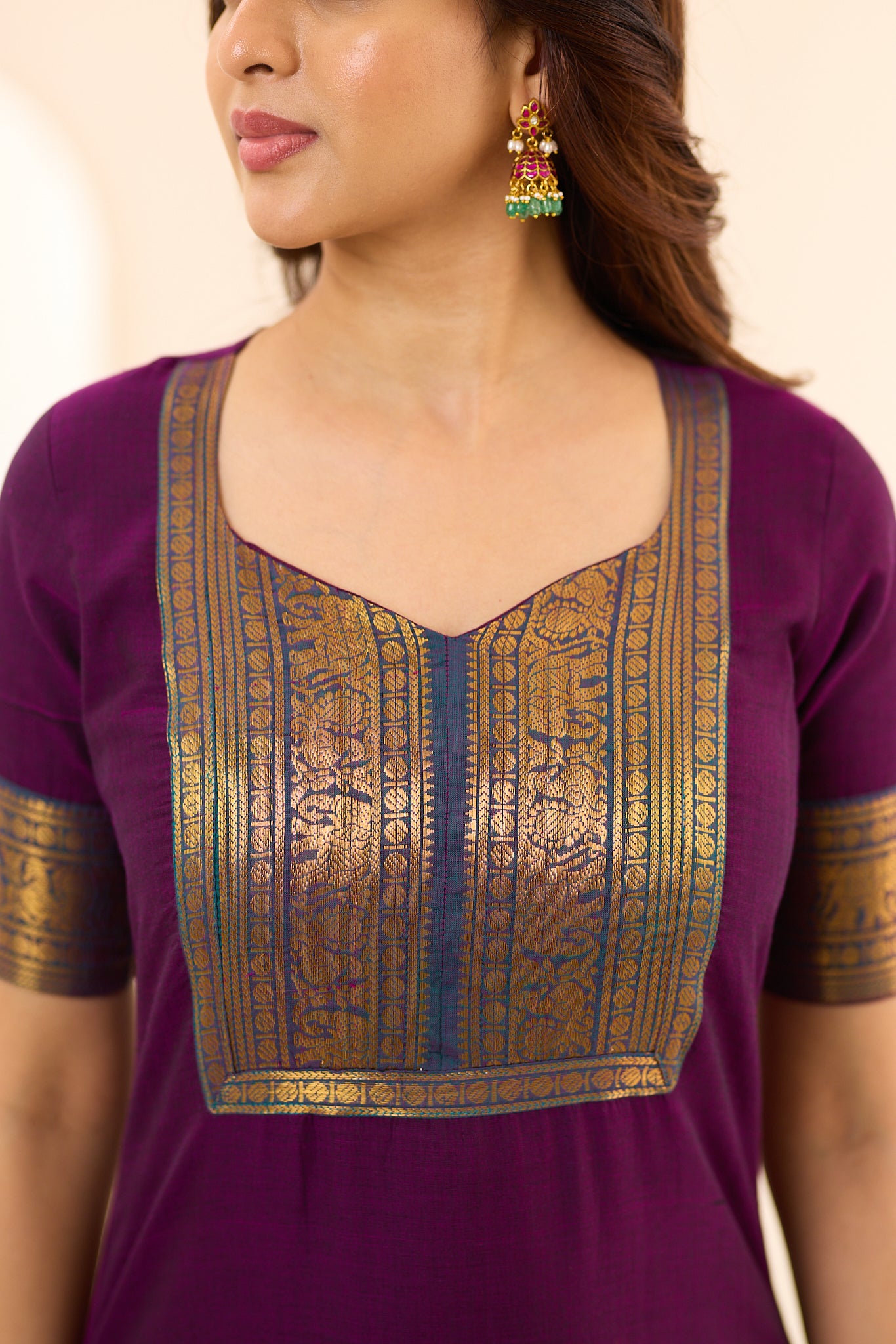 Dark Plum with Teal Green Border Chettinad Cotton Salwar