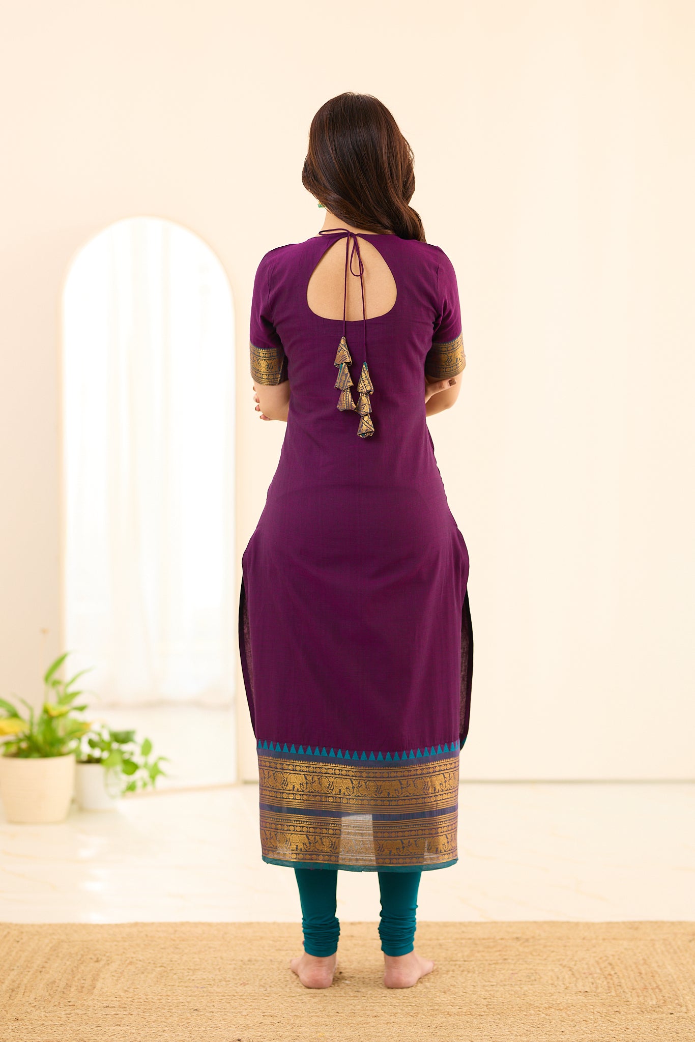 Dark Plum with Teal Green Border Chettinad Cotton Salwar