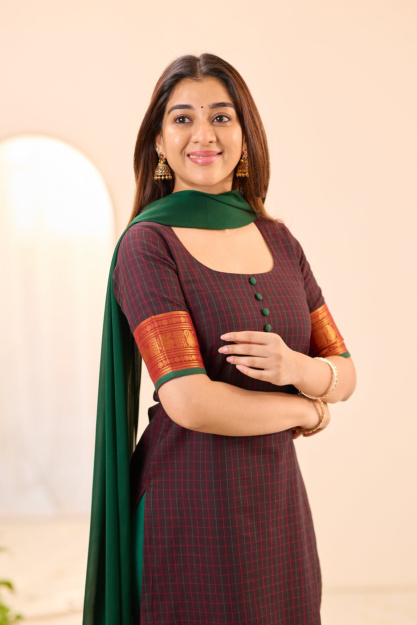 Dark Coffee Brown Checks with Rust Orange Zari Border Chettinad Top and Dupatta
