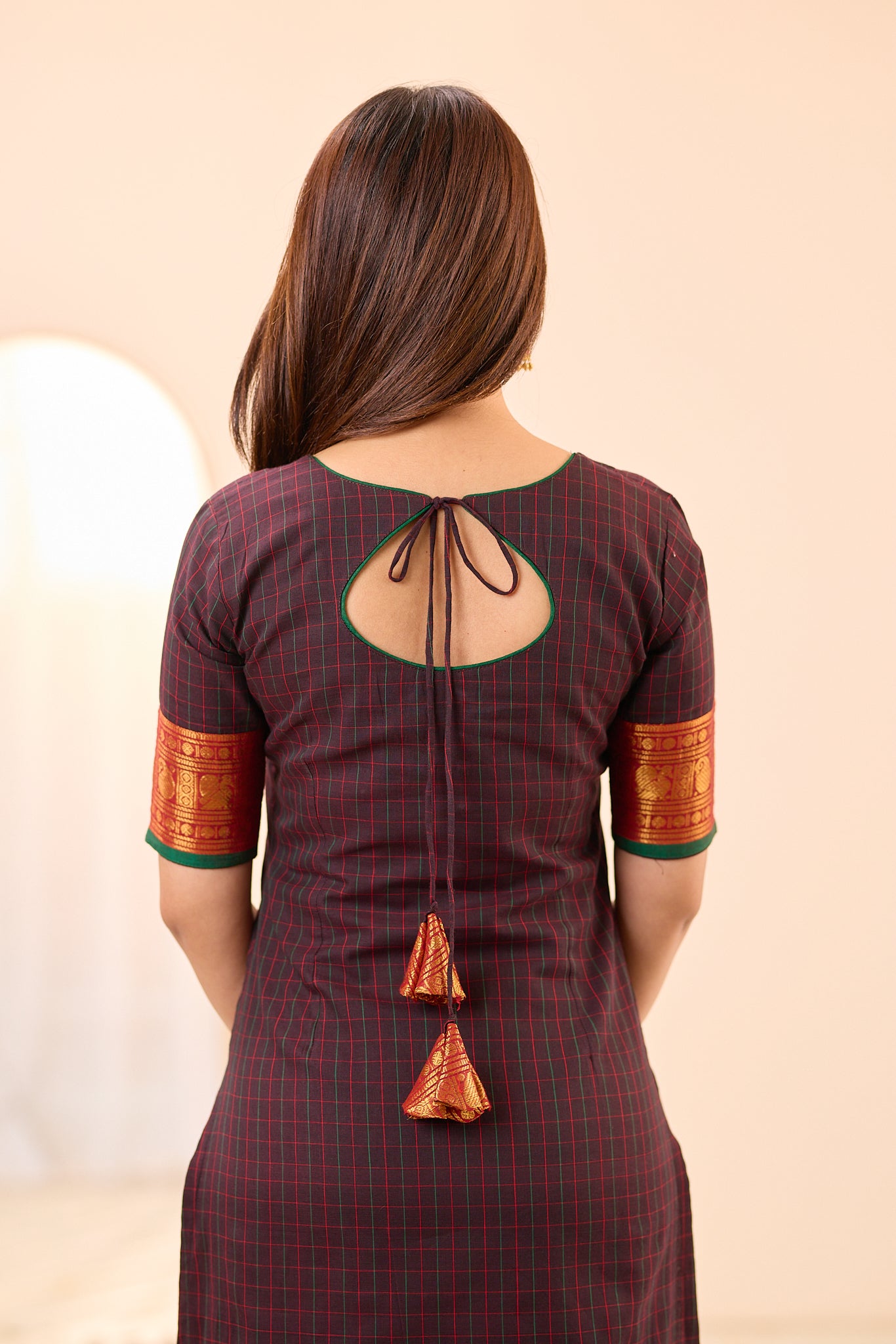 Dark Coffee Brown Checks with Rust Orange Zari Border Chettinad Top and Dupatta