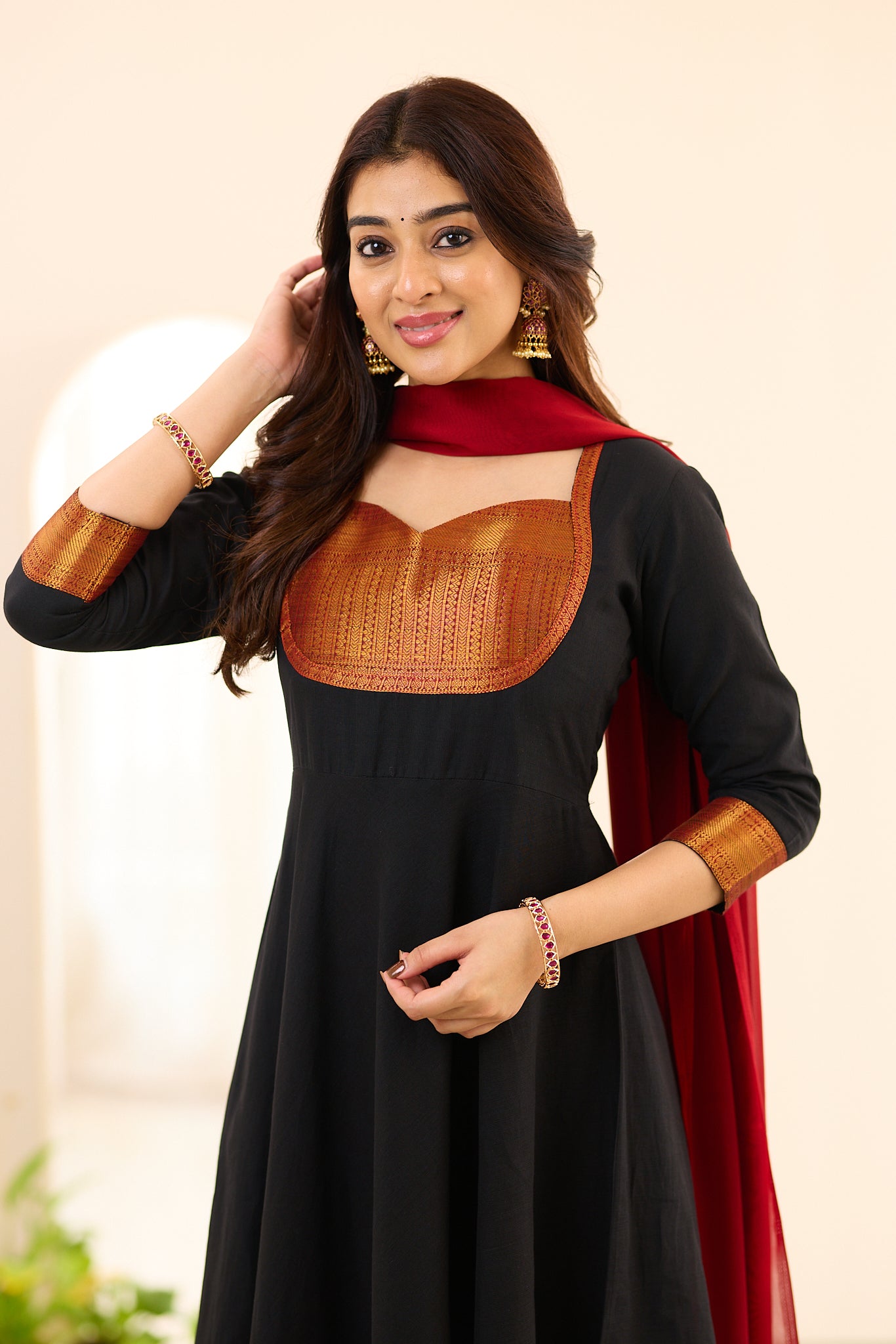 Classic Black with Rust Gold Weave Border Chettinad Cotton Anarkali