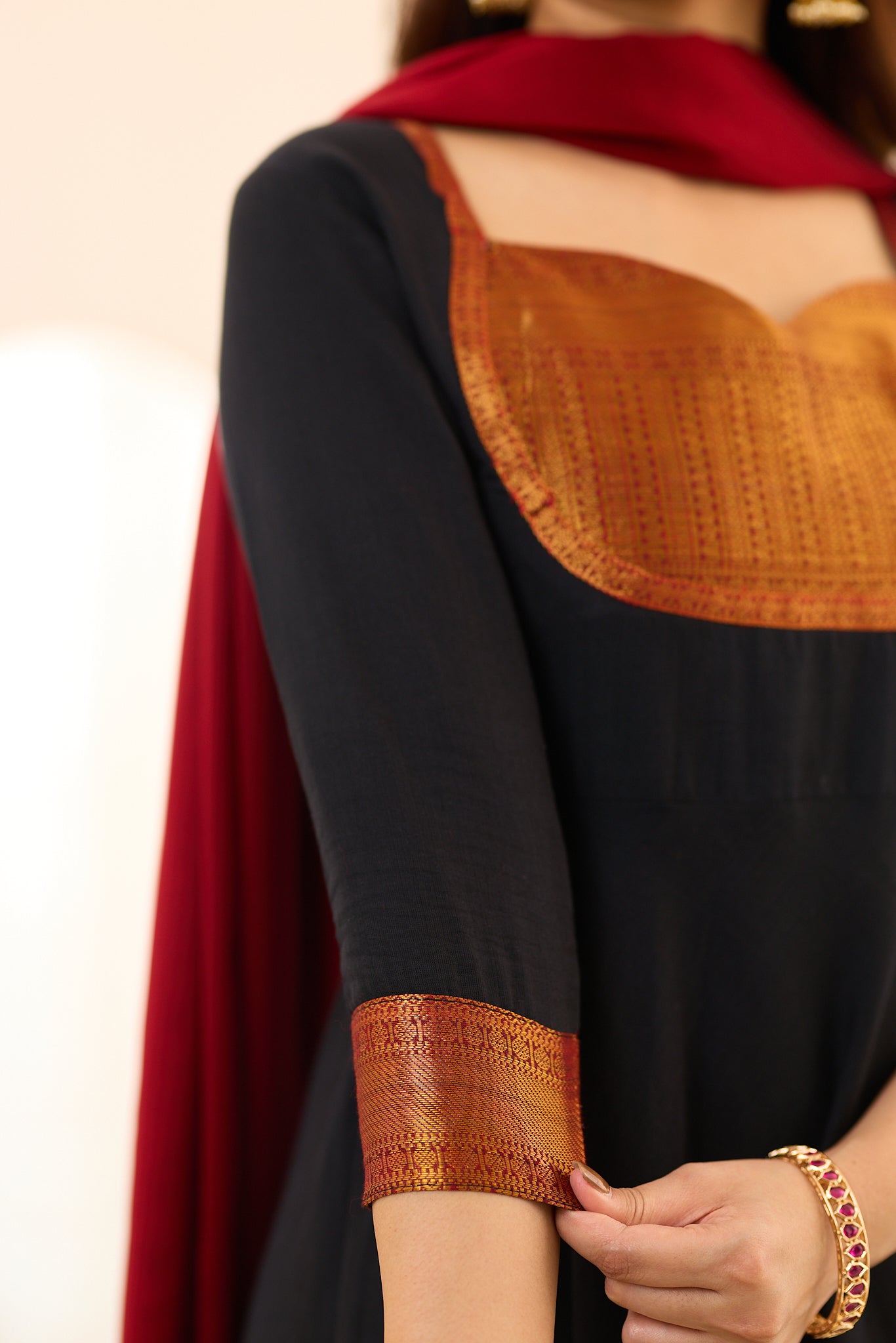 Classic Black with Rust Gold Weave Border Chettinad Cotton Anarkali