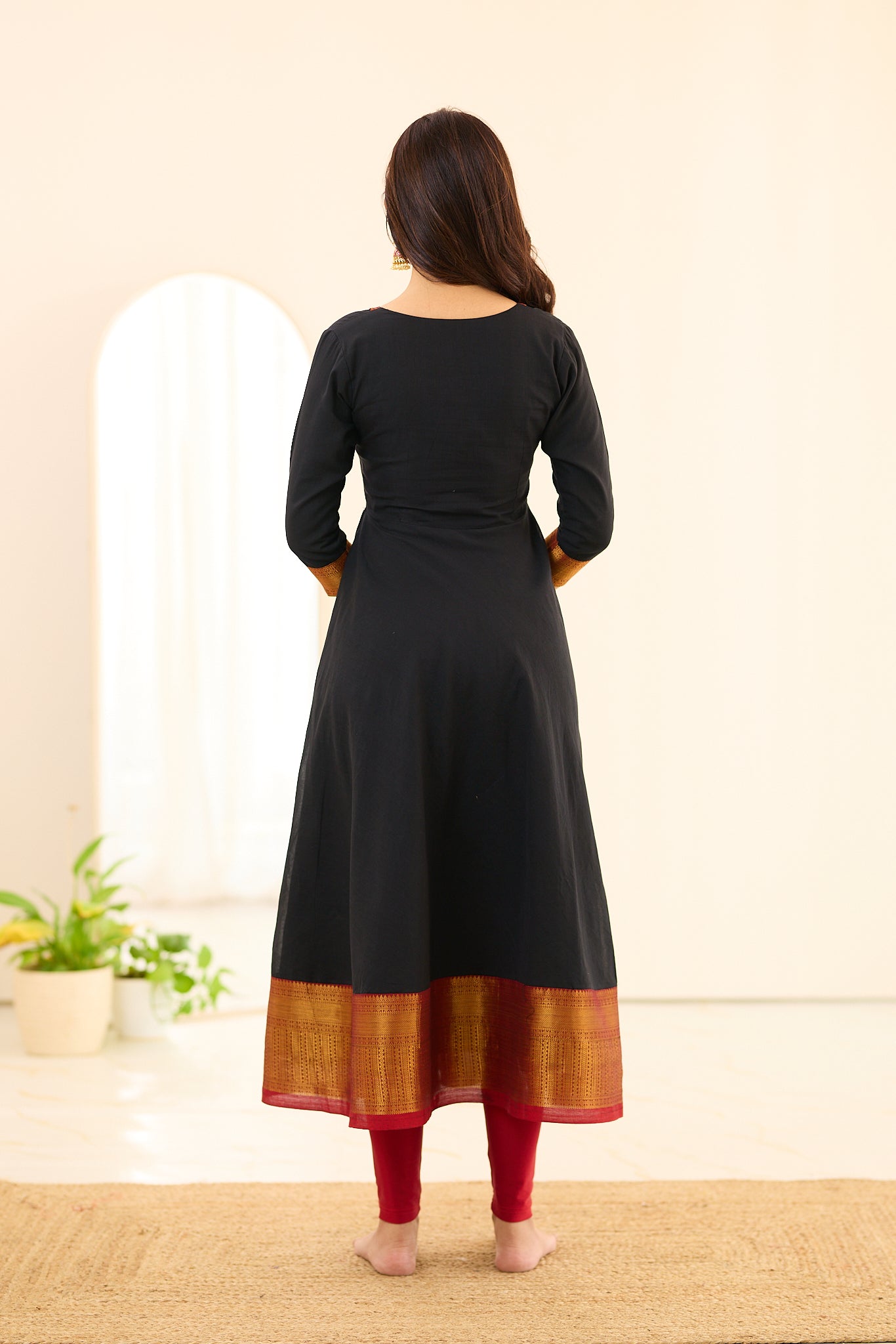 Classic Black with Rust Gold Weave Border Chettinad Cotton Anarkali