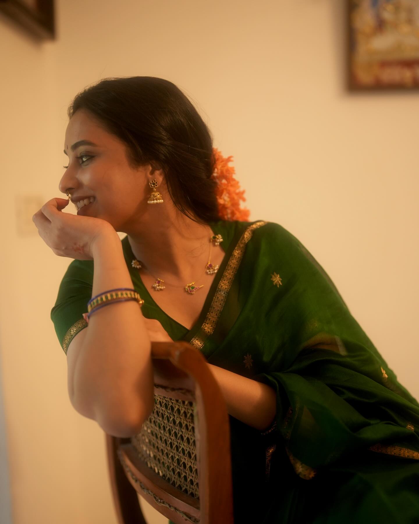 Priyanka Mohan's Peacock Green Ethnic Maheshwari Silk Cotton Handloom Saree