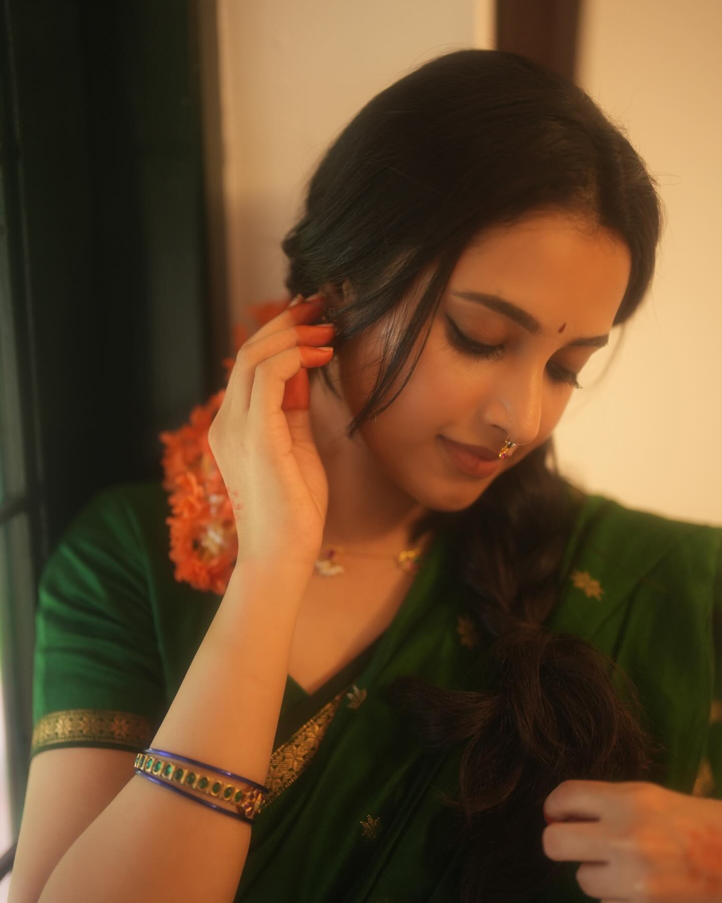 Priyanka Mohan's Peacock Green Ethnic Maheshwari Silk Cotton Handloom Saree