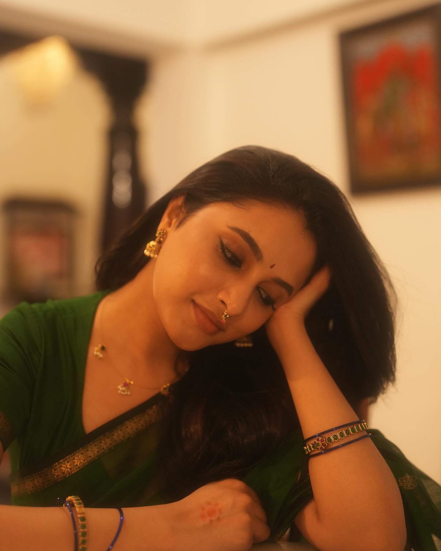 Priyanka Mohan's Peacock Green Ethnic Maheshwari Silk Cotton Handloom Saree