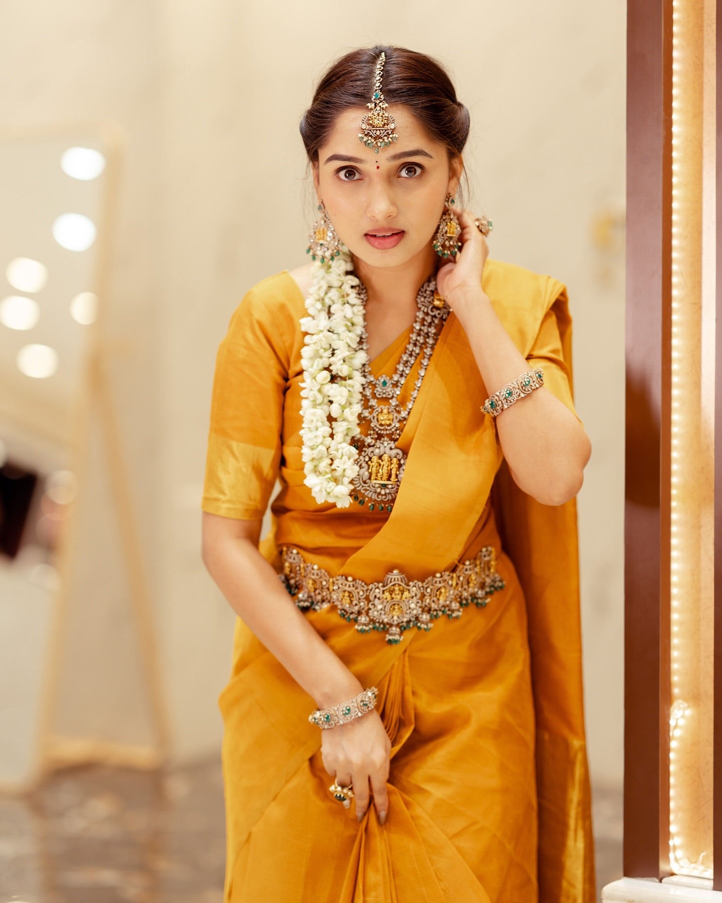 Prathyusha Kanchi Silk Cotton Mustard Yellow Saree