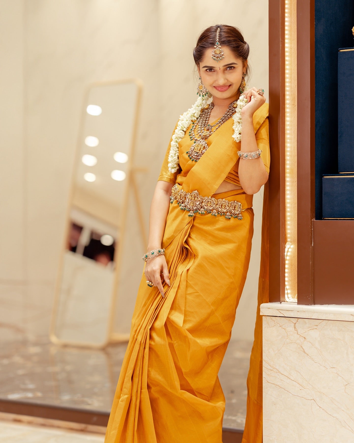 Prathyusha Kanchi Silk Cotton Mustard Yellow Saree