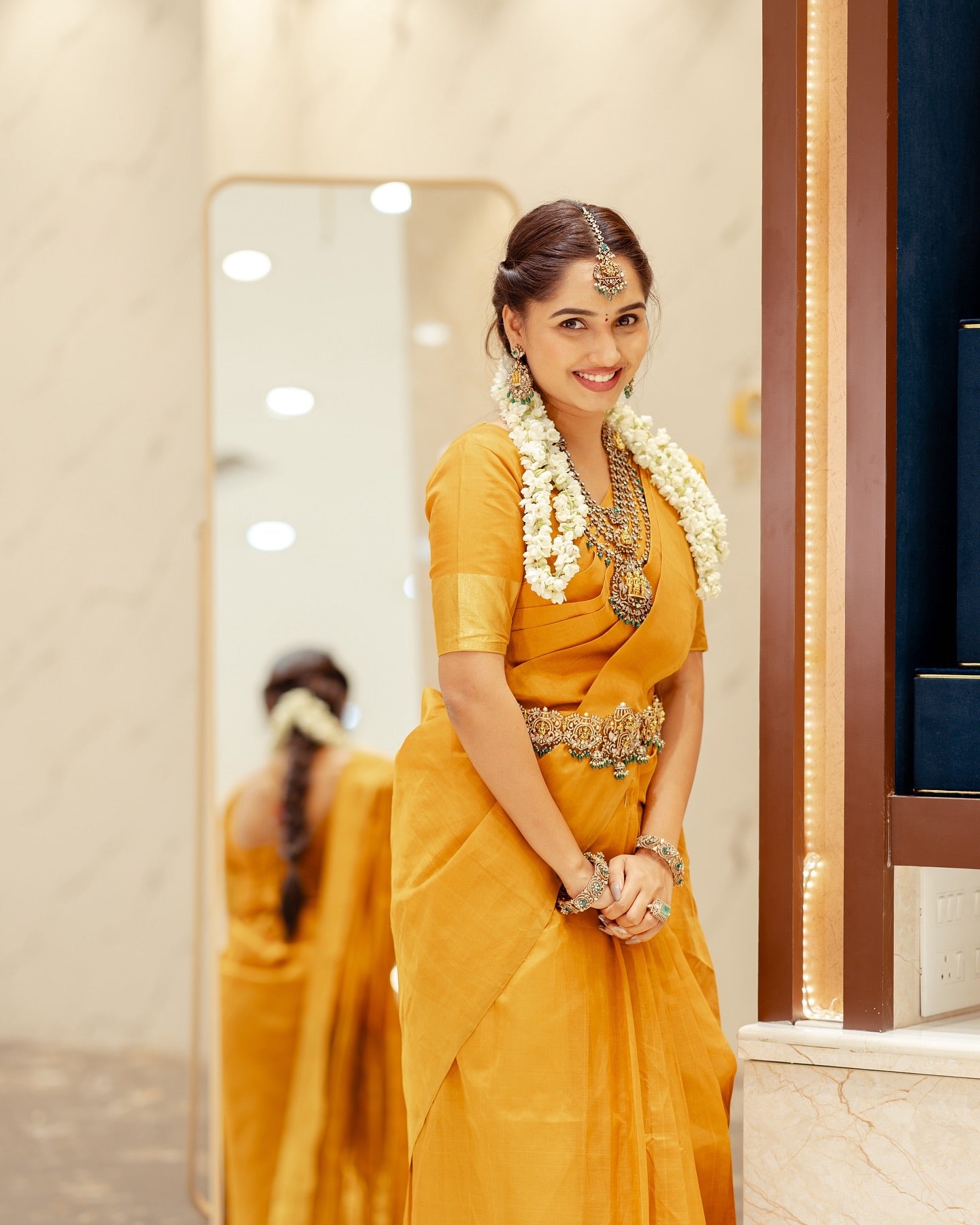 Prathyusha Kanchi Silk Cotton Mustard Yellow Saree