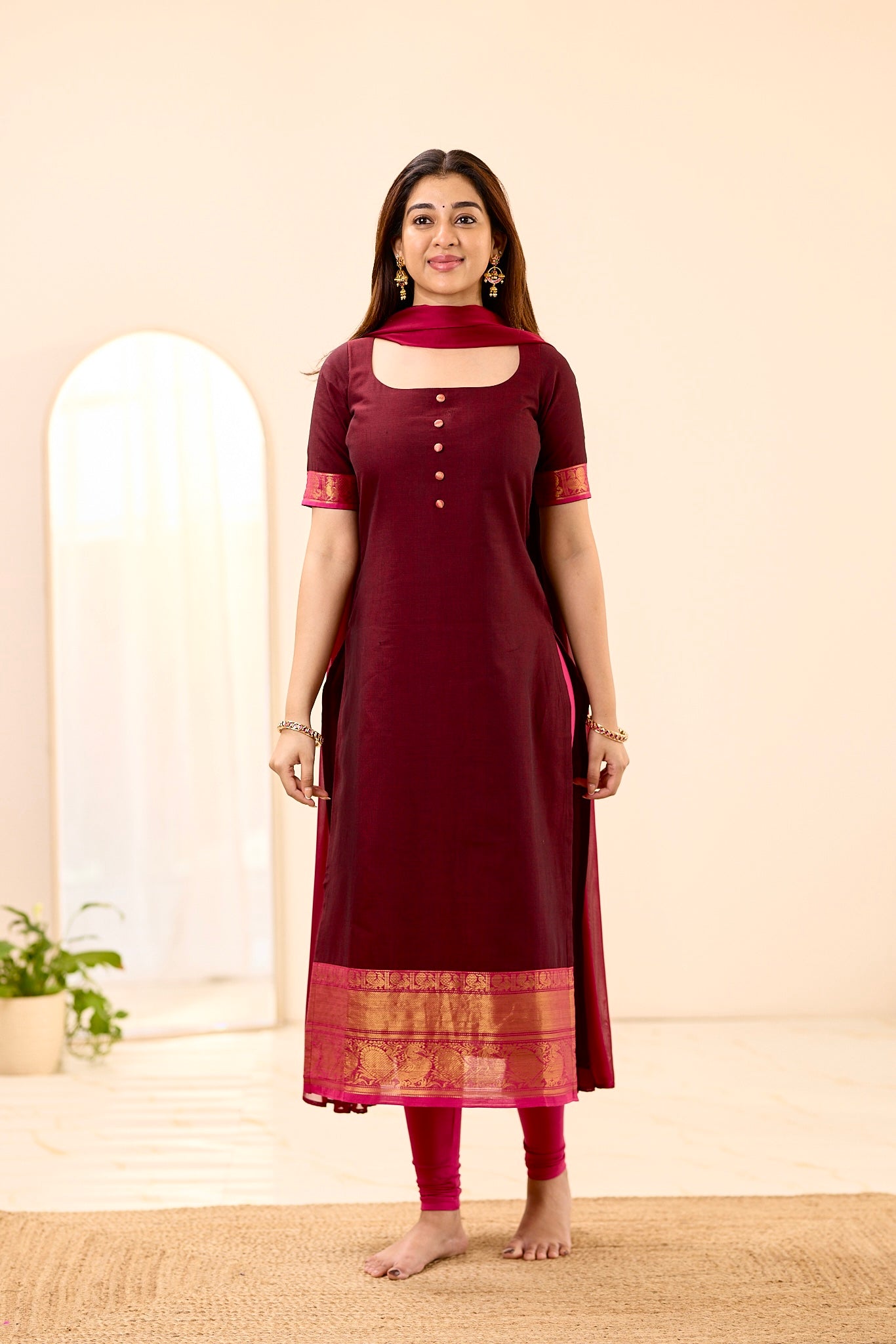 Rich Burgundy with Rani Pink Border Chettinad Top and Dupatta