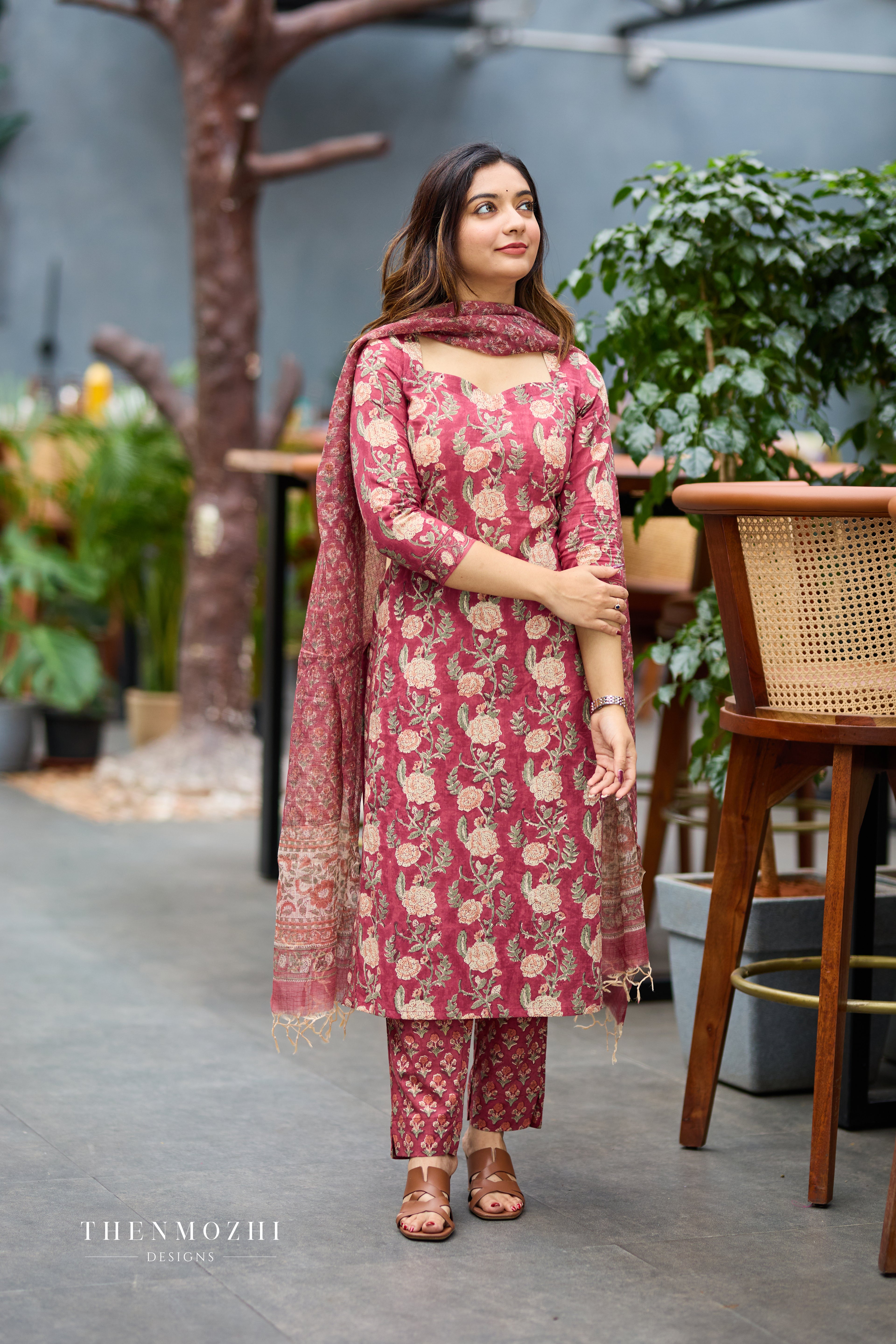 Back Corset-Style Lacing Dusty Rose Cotton Suit Set with Kota Dupatta