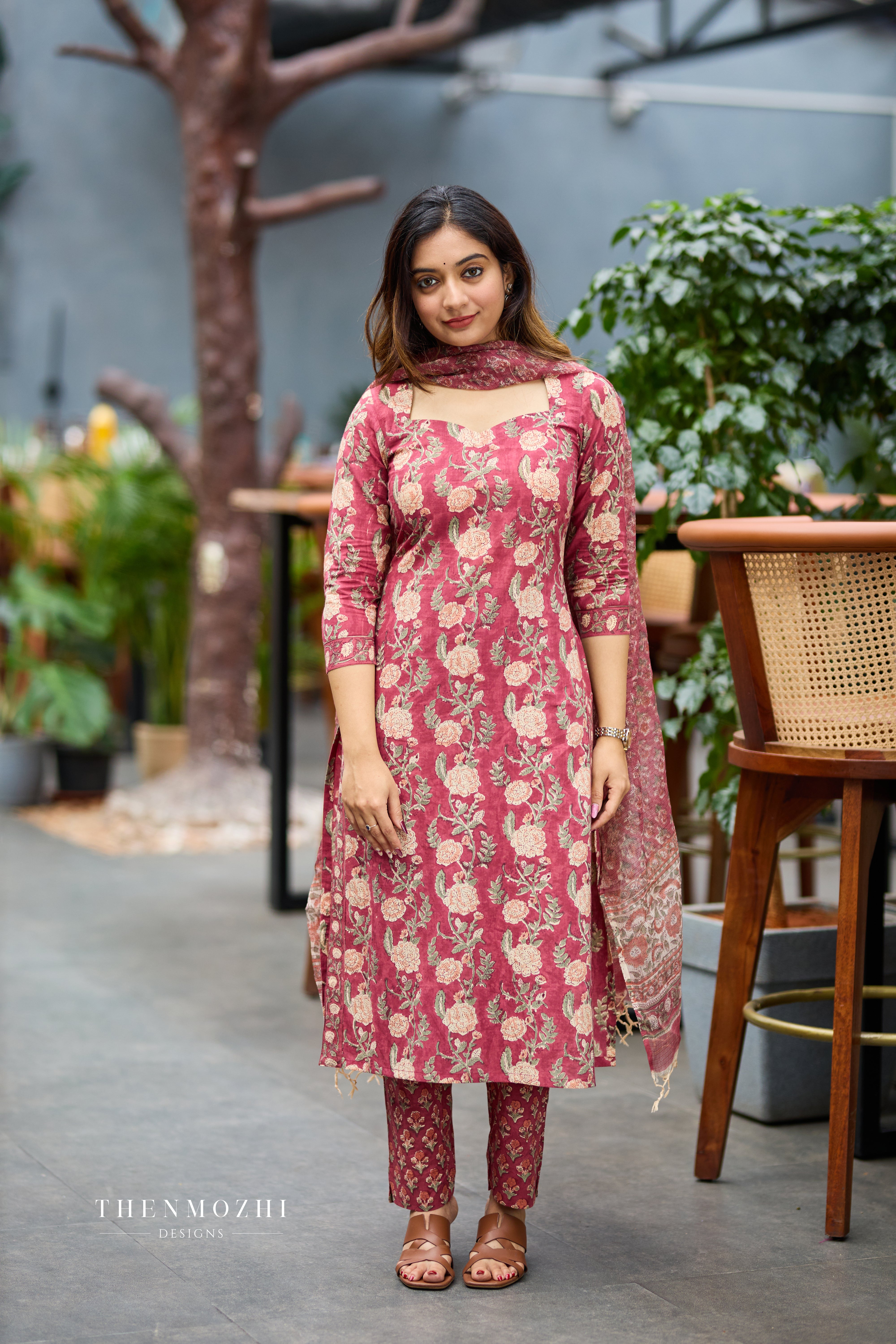 Back Corset-Style Lacing Dusty Rose Cotton Suit Set with Kota Dupatta