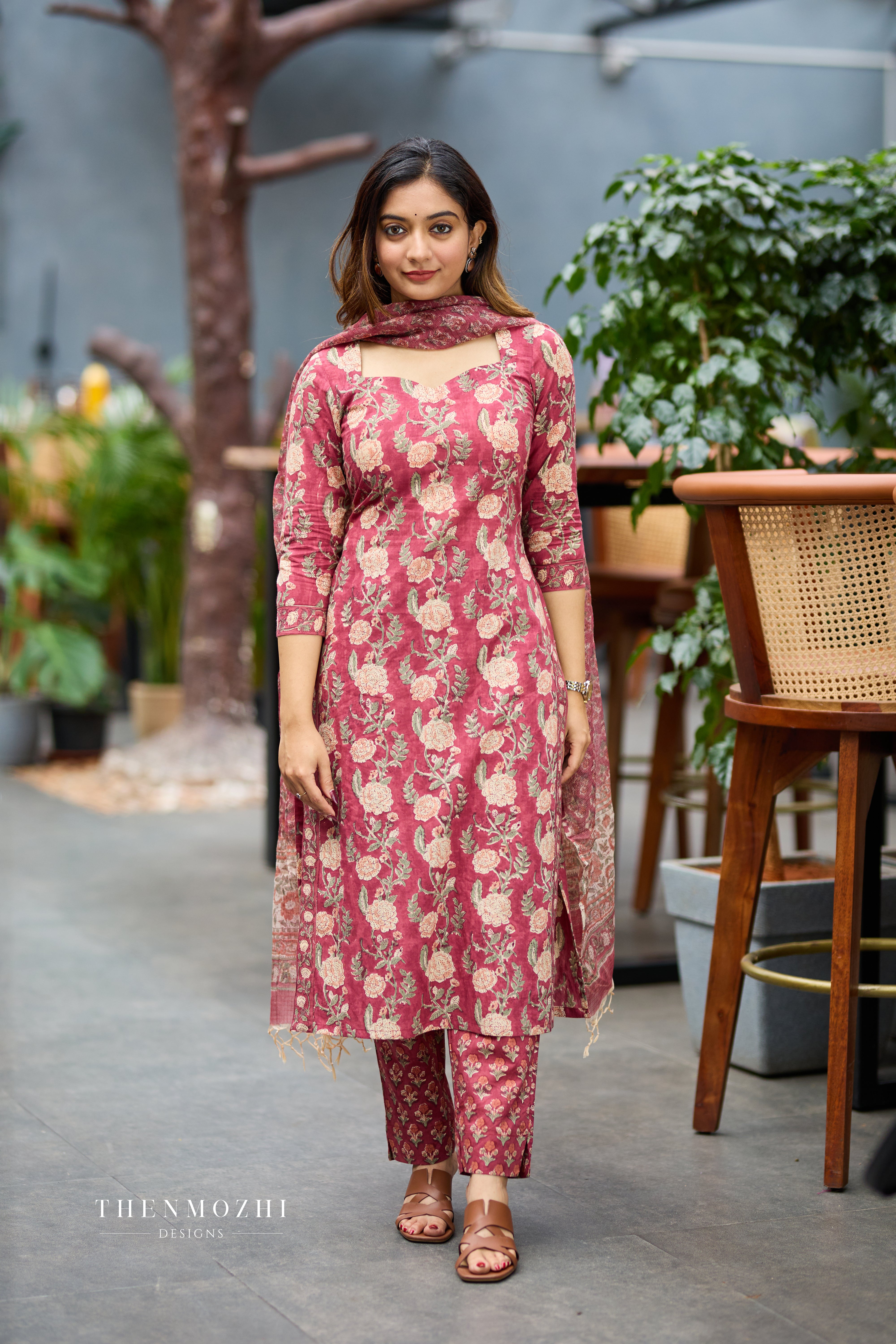 Back Corset-Style Lacing Dusty Rose Cotton Suit Set with Kota Dupatta