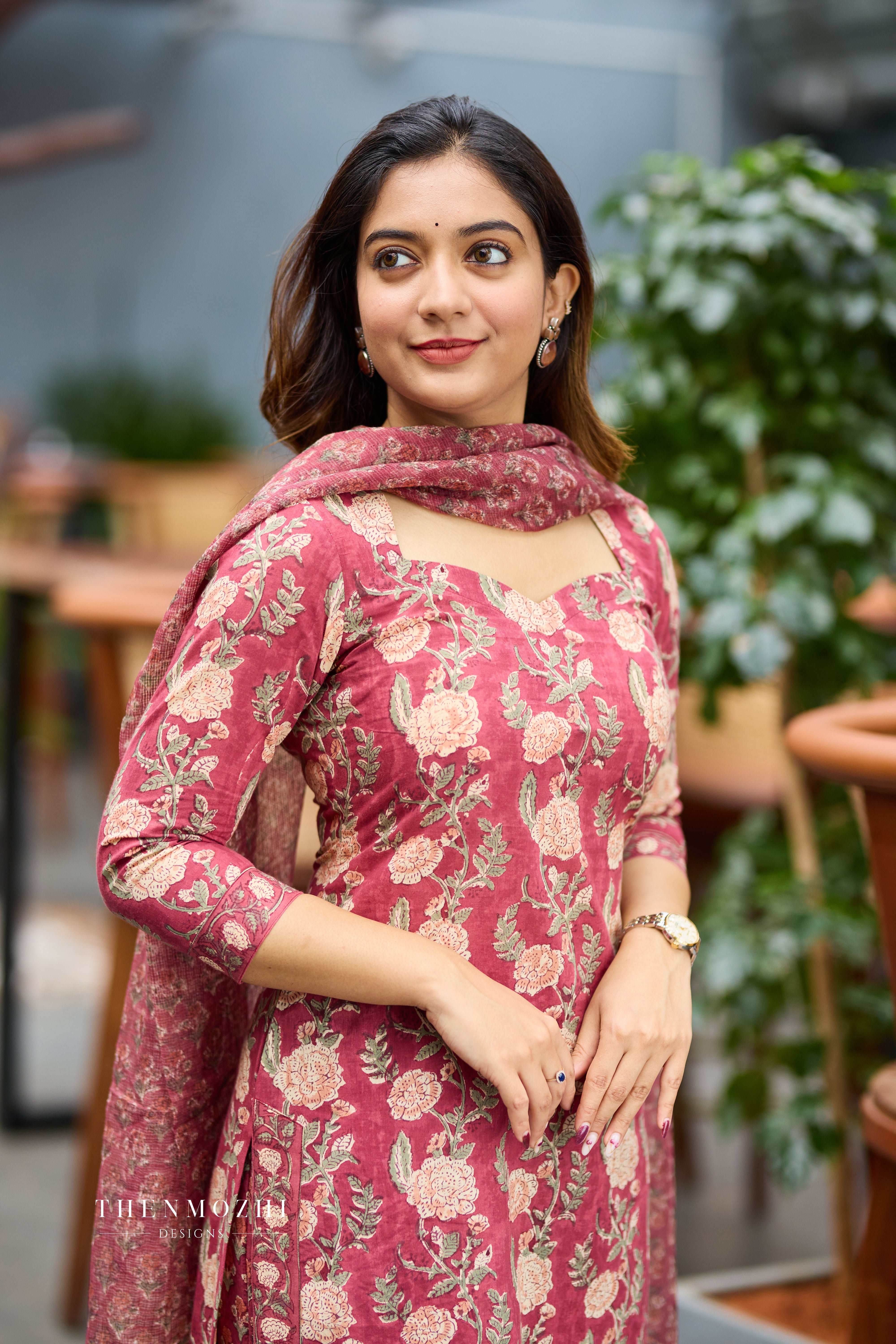 Back Corset-Style Lacing Dusty Rose Cotton Suit Set with Kota Dupatta