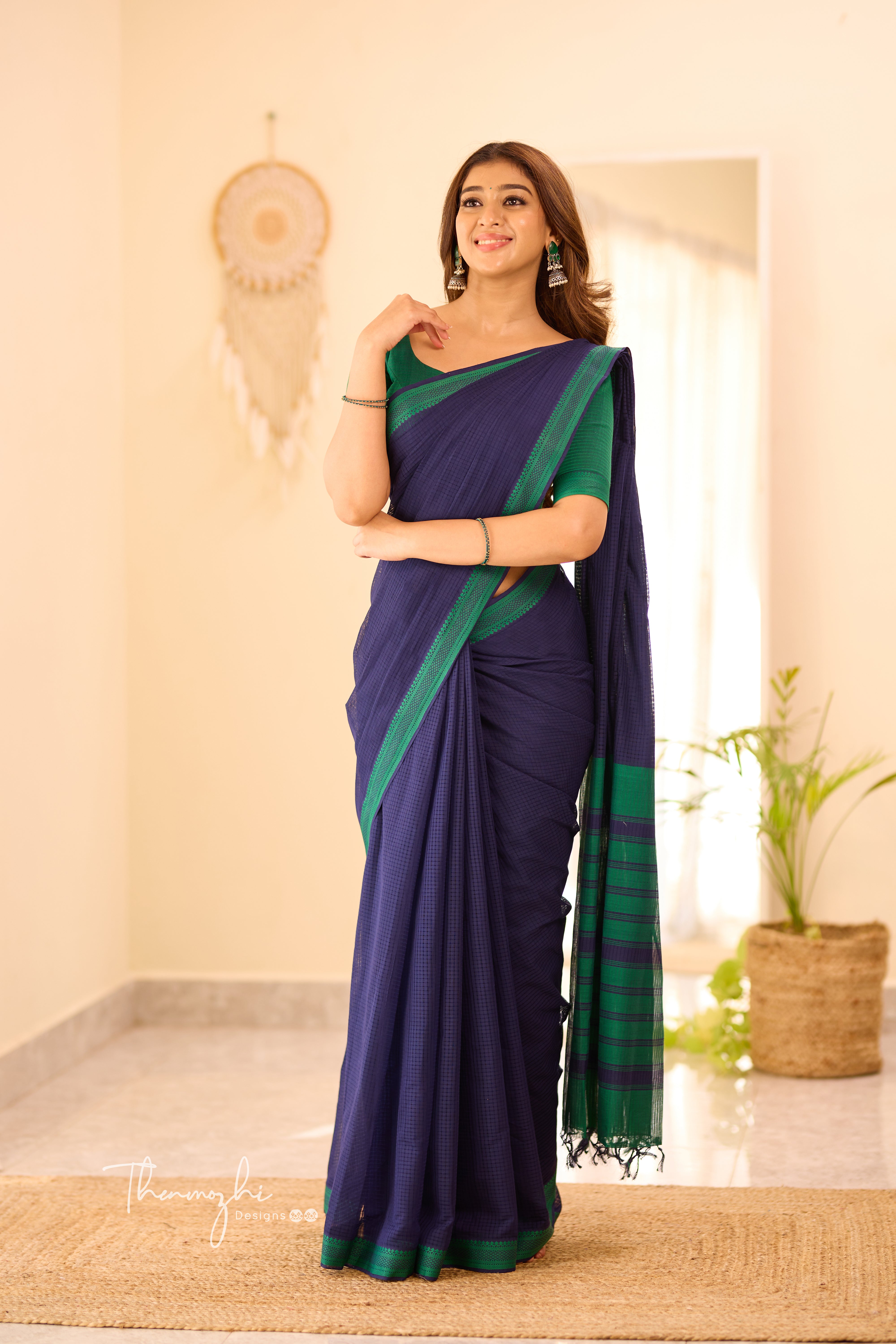 Navy Blue & Green Mangalagiri Plain Cotton Saree