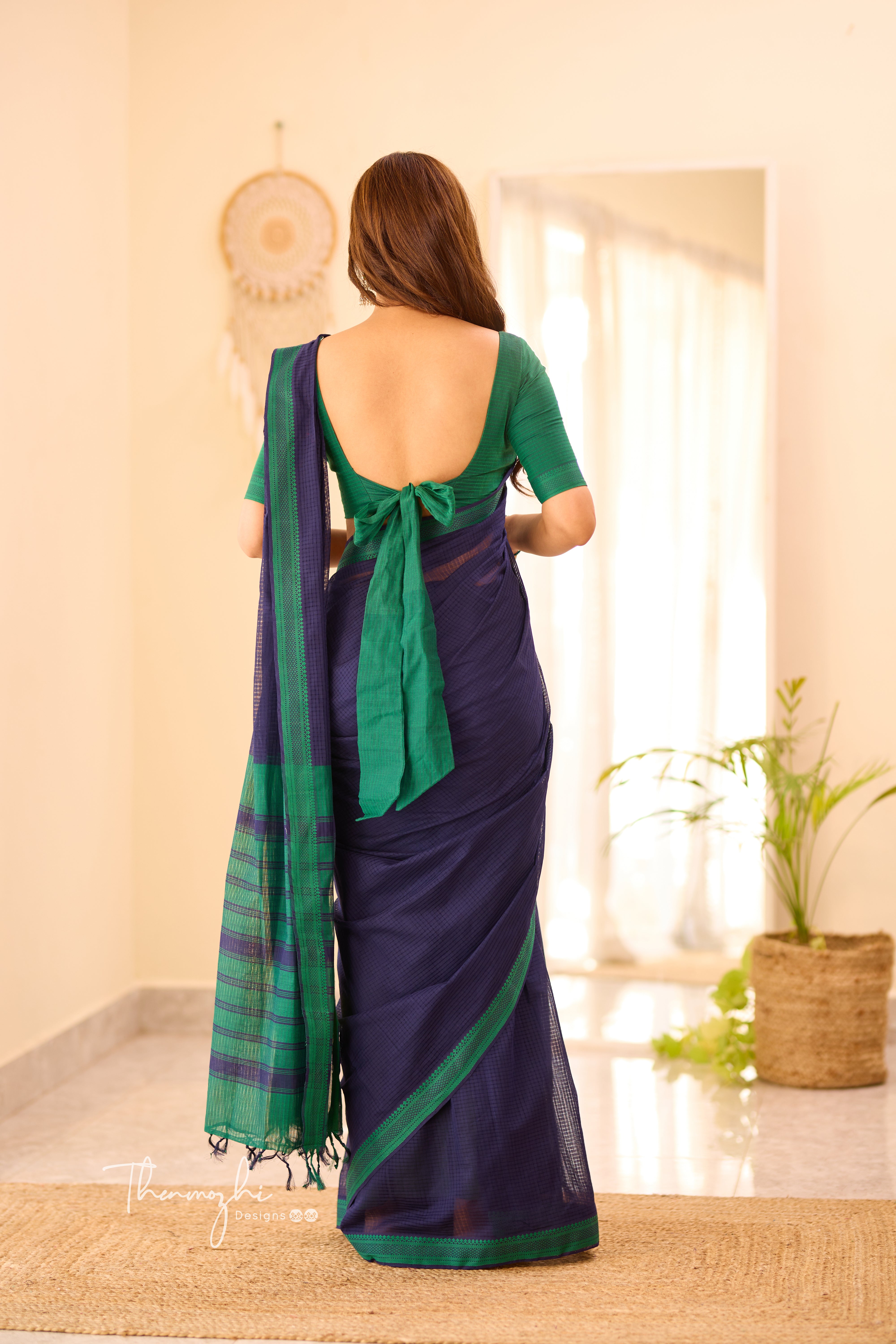 Navy Blue & Green Mangalagiri Plain Cotton Saree