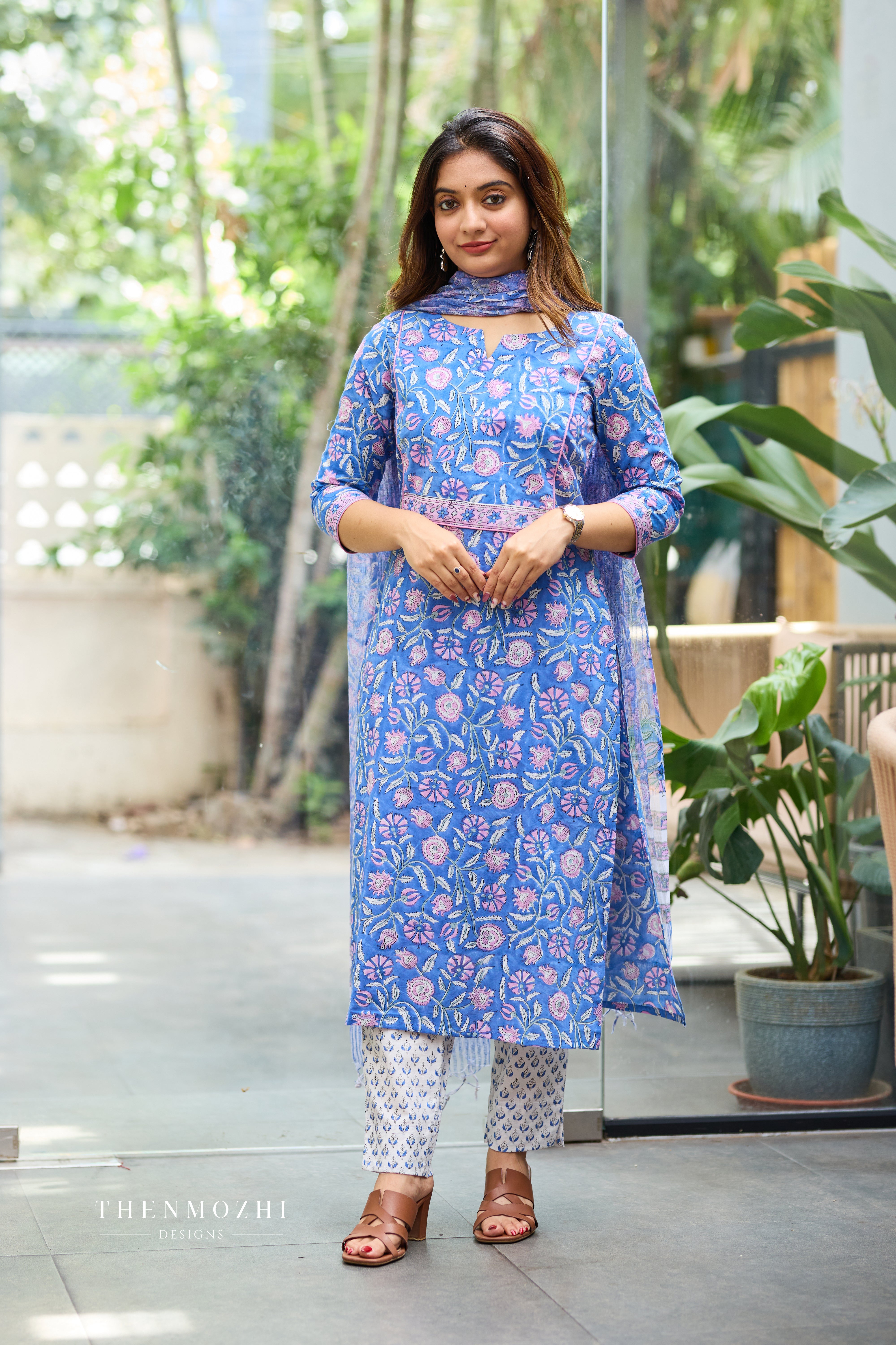 Periwinkle Blue Cotton Suit Set with Kota Dupatta
