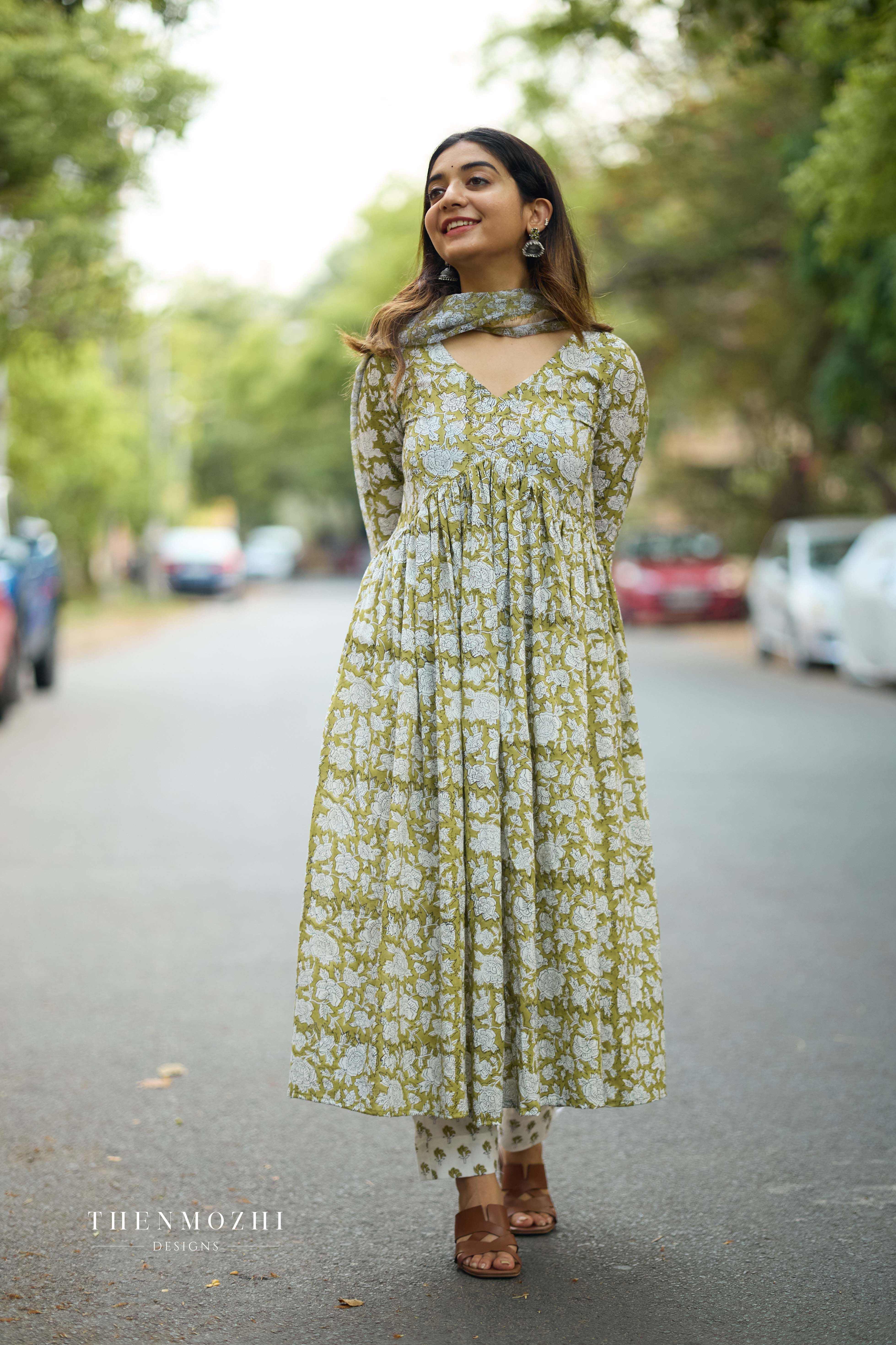 Green Alia Cut Cotton Suit with Kota Dupatta