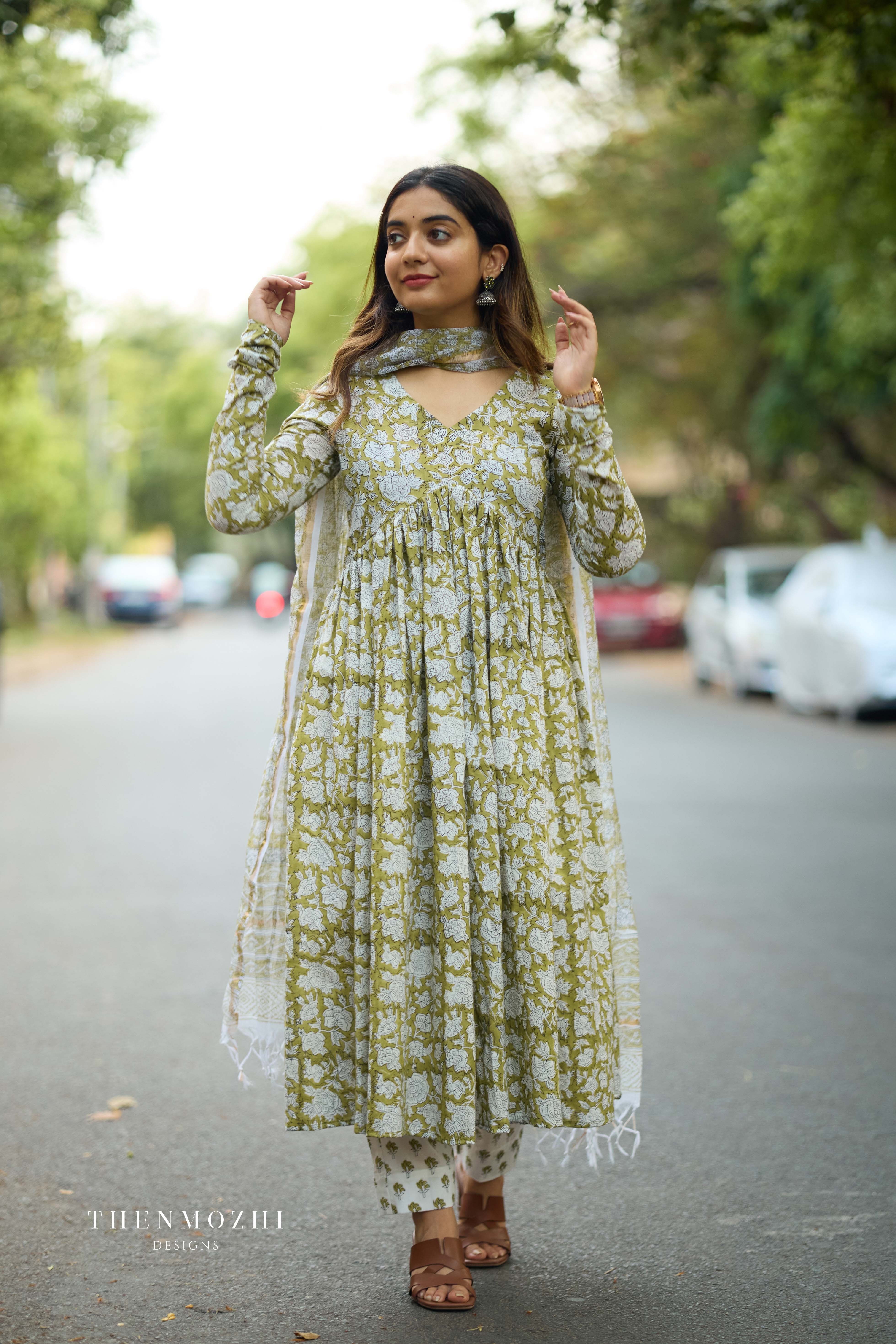 Green Alia Cut Cotton Suit with Kota Dupatta