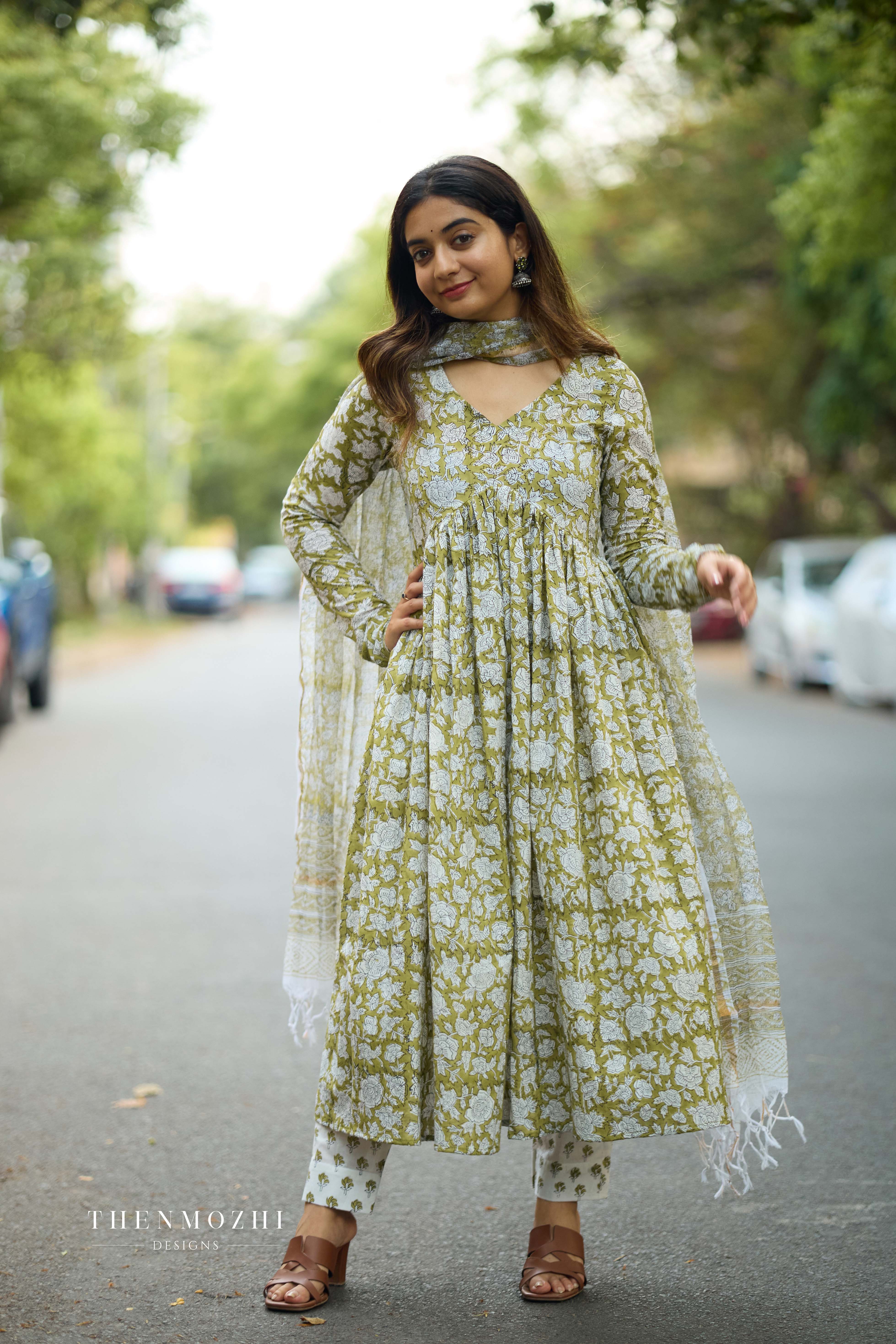 Green Alia Cut Cotton Suit with Kota Dupatta