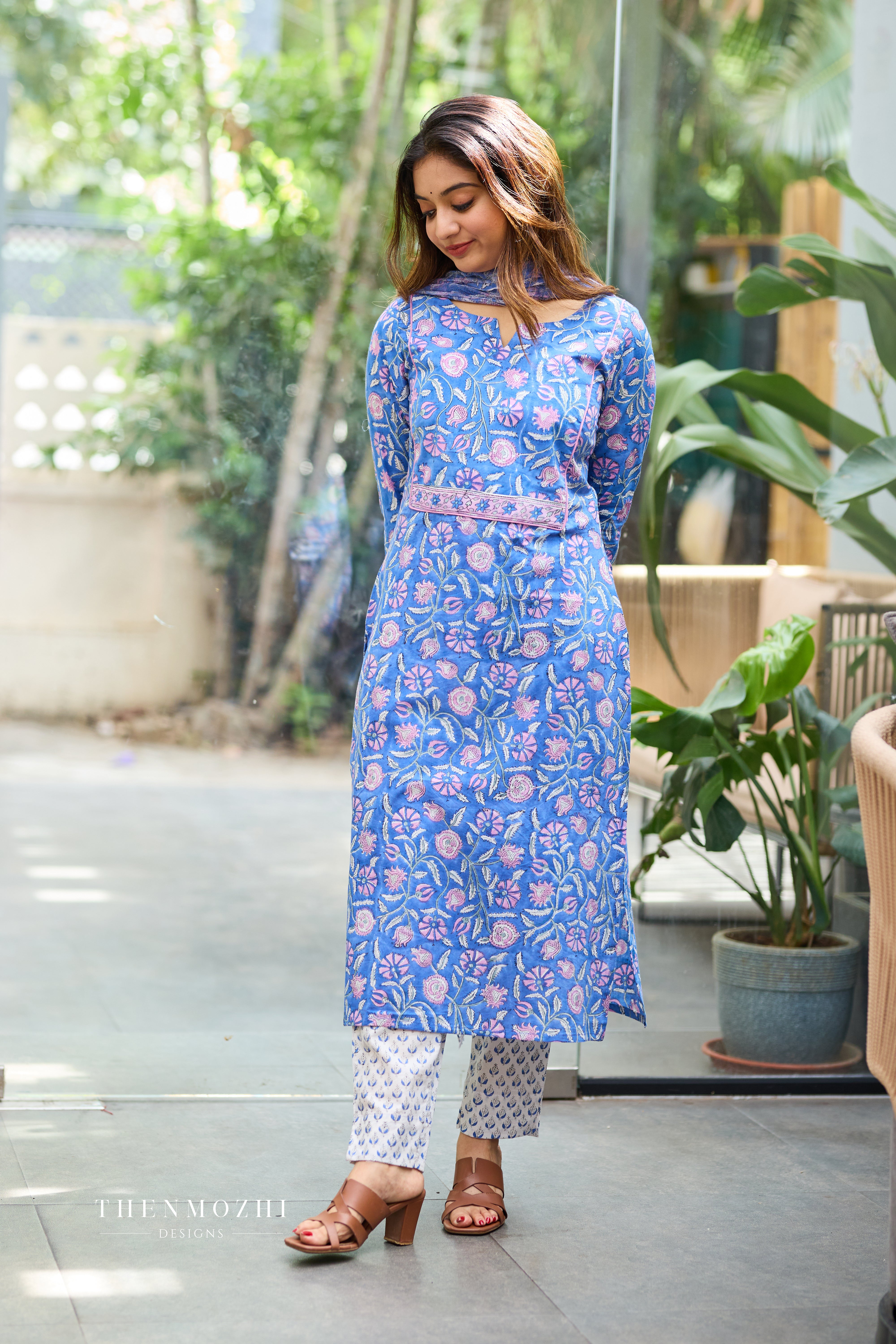Periwinkle Blue Cotton Suit Set with Kota Dupatta