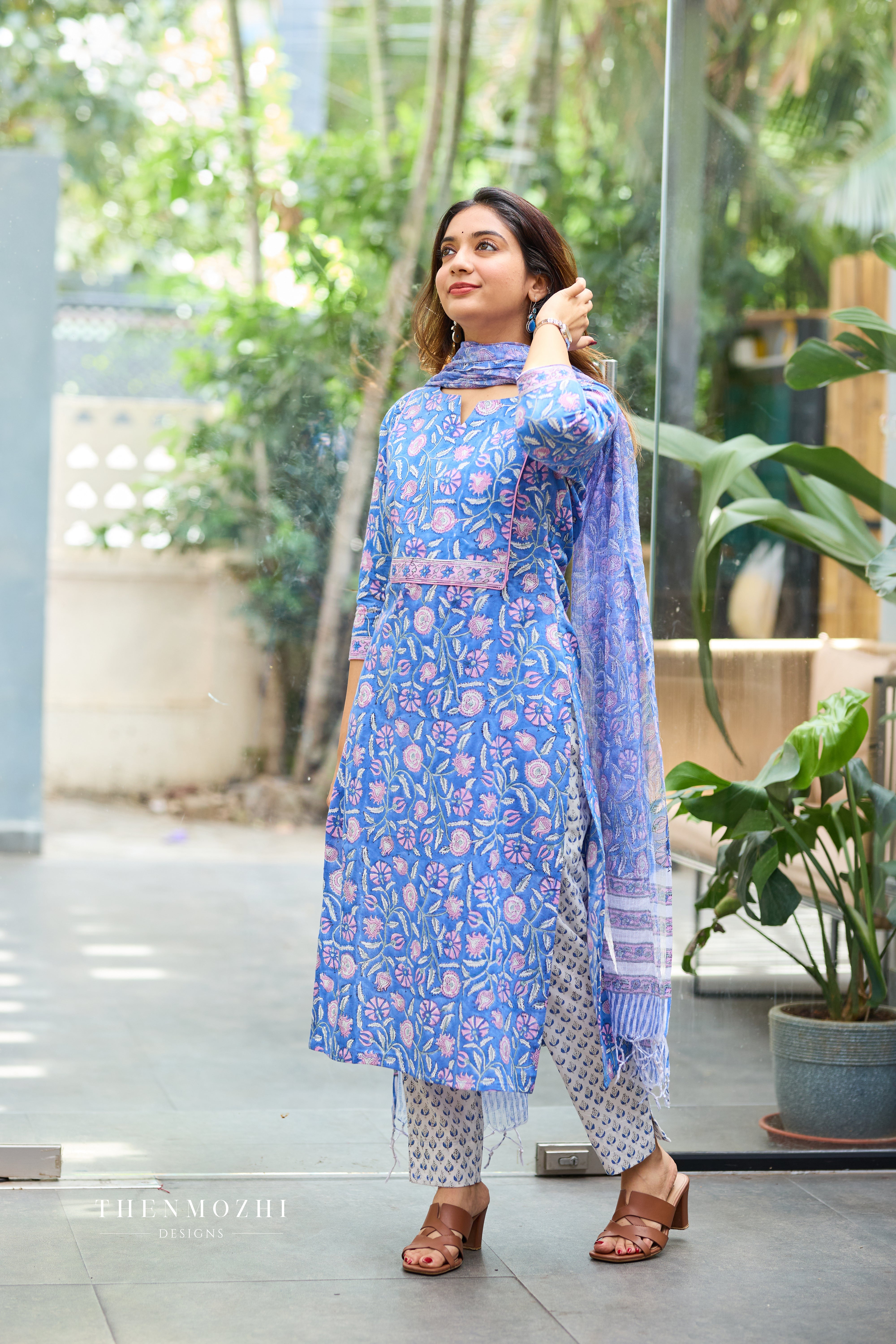 Periwinkle Blue Cotton Suit Set with Kota Dupatta
