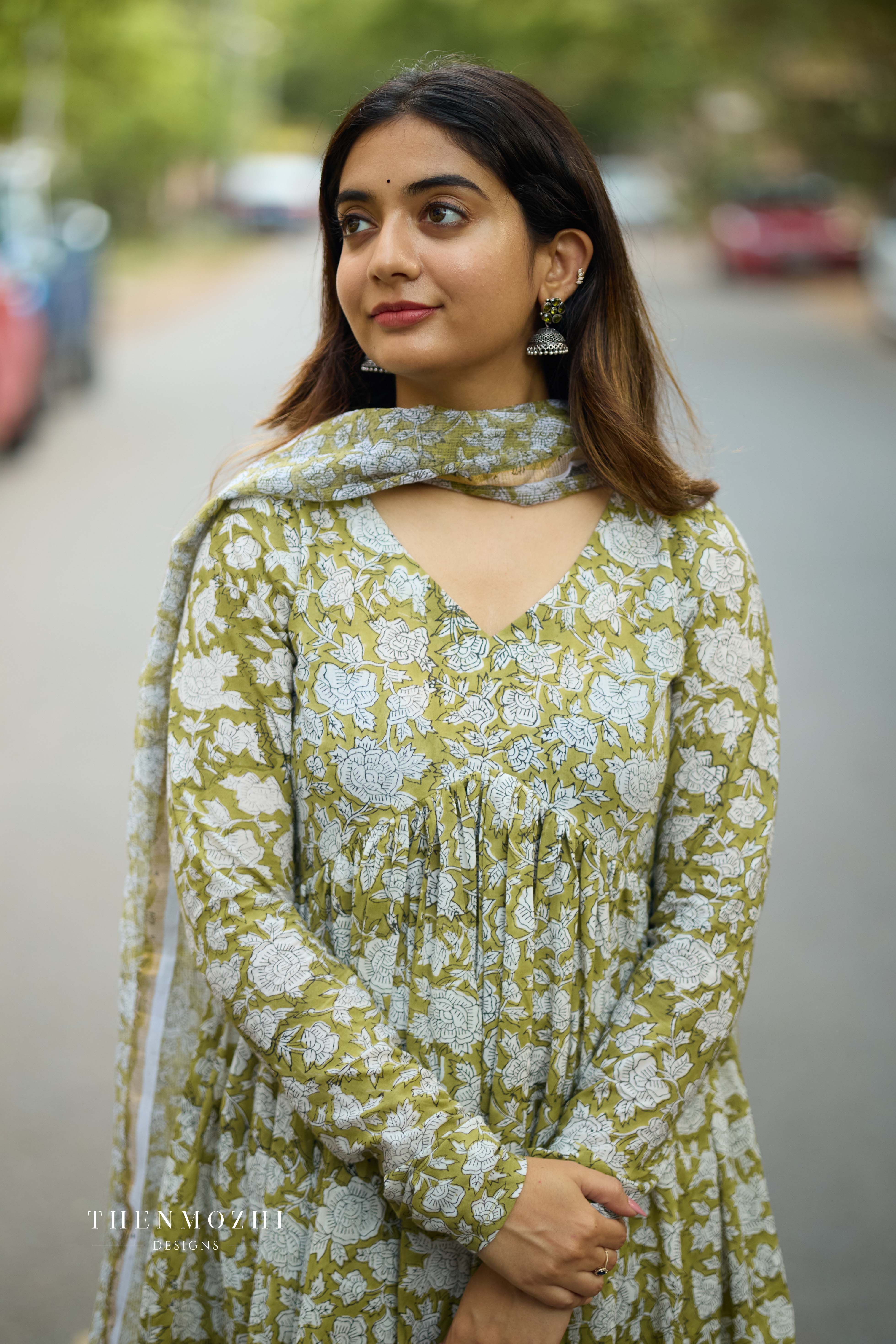 Green Alia Cut Cotton Suit with Kota Dupatta