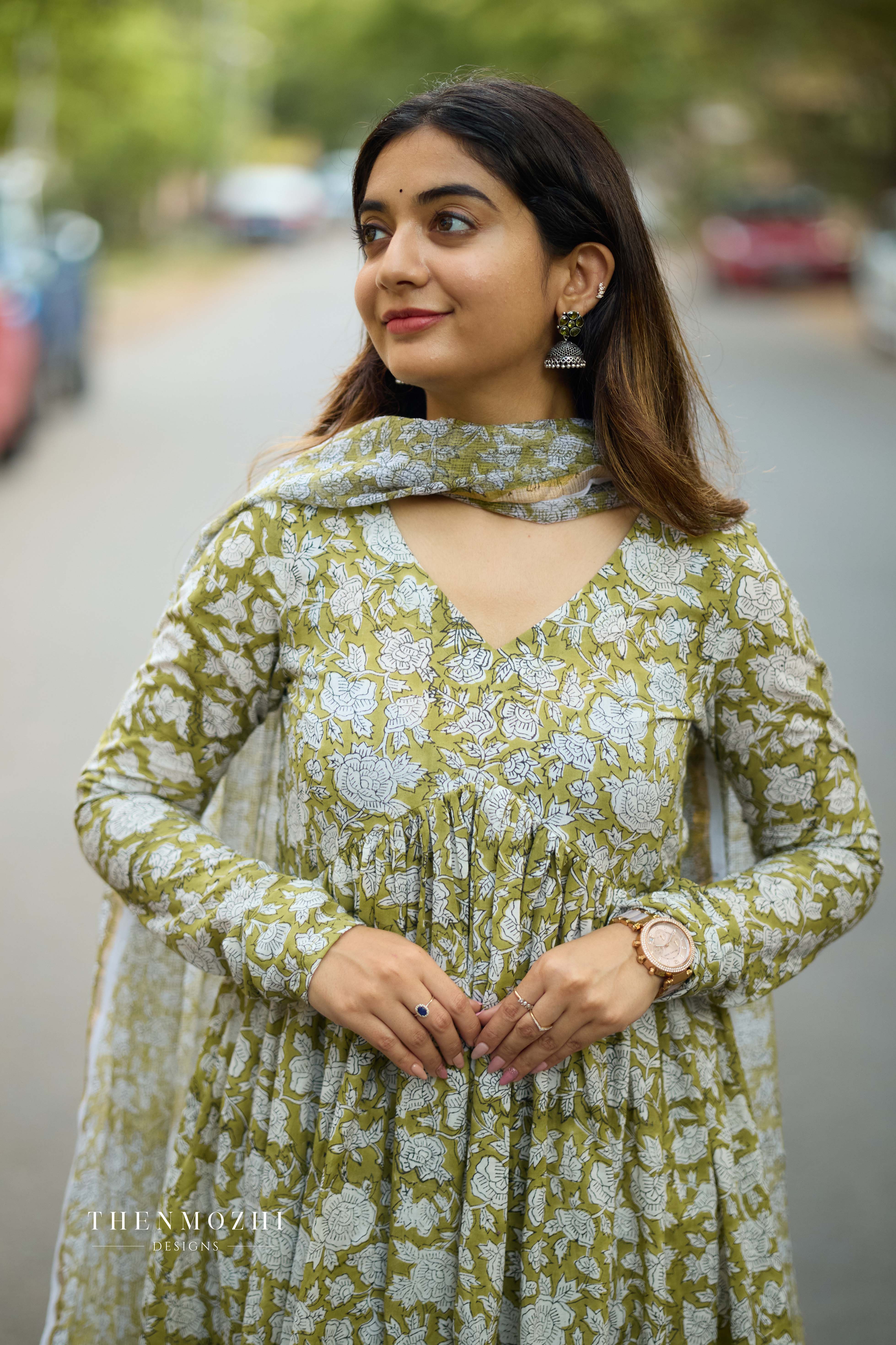 Green Alia Cut Cotton Suit with Kota Dupatta