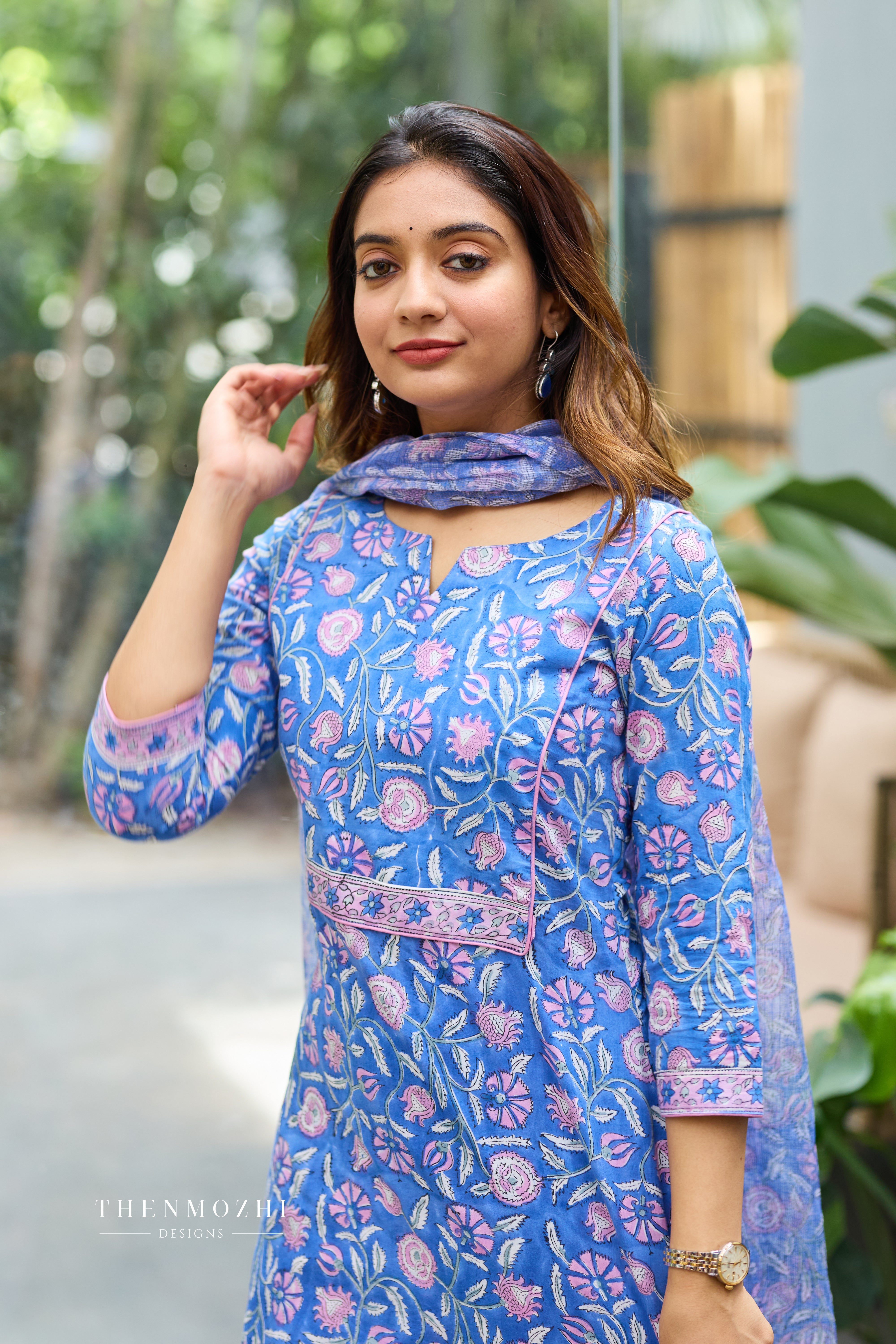 Periwinkle Blue Cotton Suit Set with Kota Dupatta